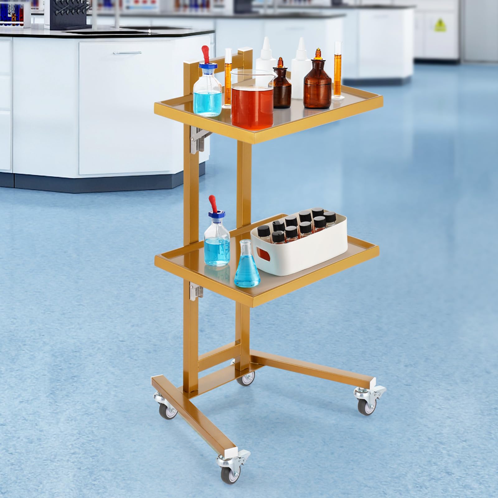 VEVOR Carrello mobile a 2 ripiani in acciaio inox, con 4 ruote silenziose, per laboratorio, clinica, ospedale, salone, oro, giallo, 39,5 x 48 x 84,9 cm