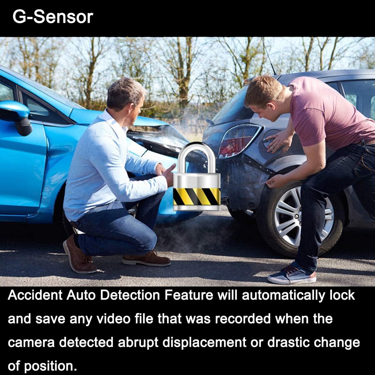 Image showing two men inspecting a car accident, with a padlock icon symbolizing the G-Sensor's automatic video locking feature upon detecting abrupt displacement or drastic change of position.