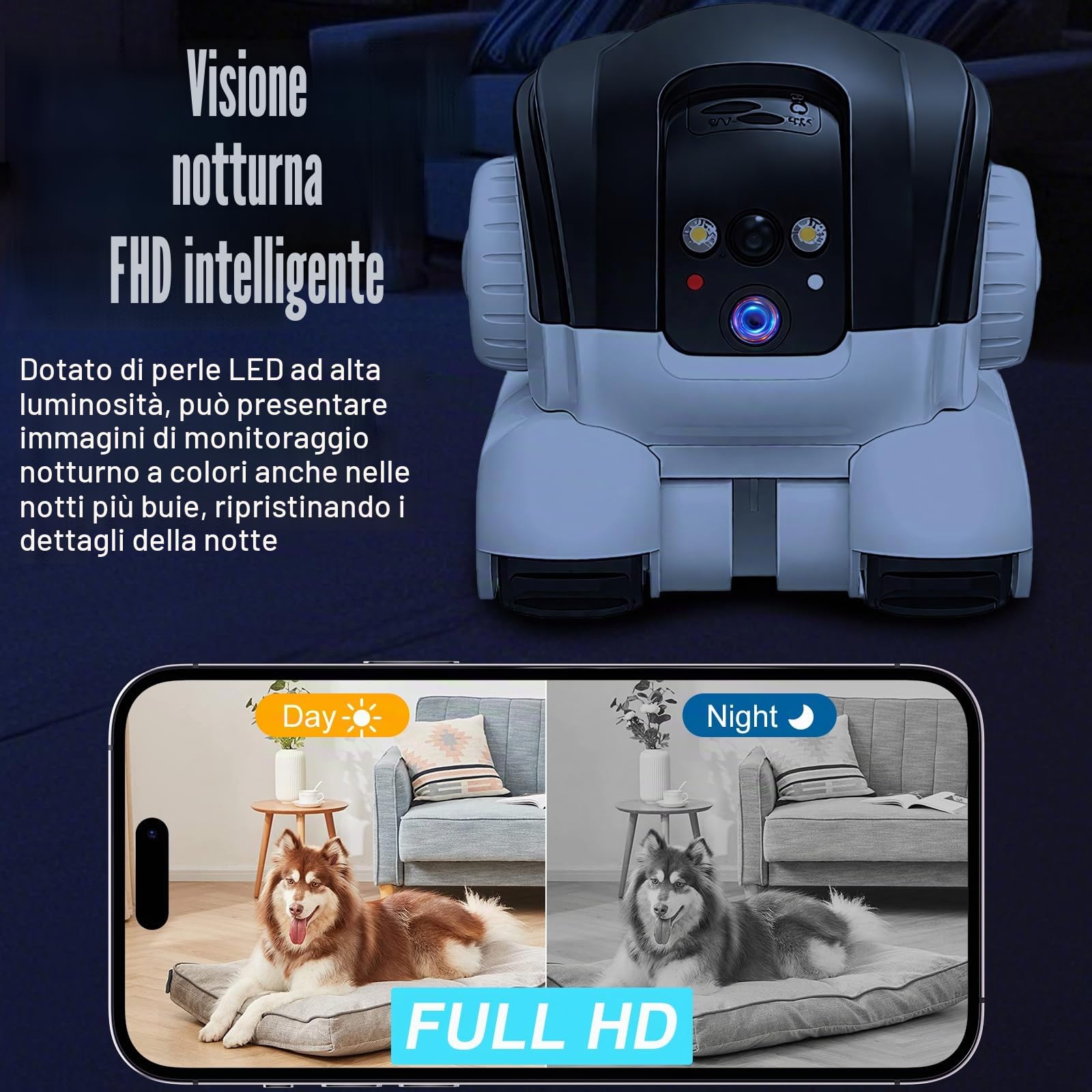 Robot de Caméra, 1080P Doppia Fotocamera Robotica, Fotocamera Mobile WiFi per Animali Domestici con Crociera Automatica, Audio Bidirezionale e Visione Notturna per Animali da Compagnia