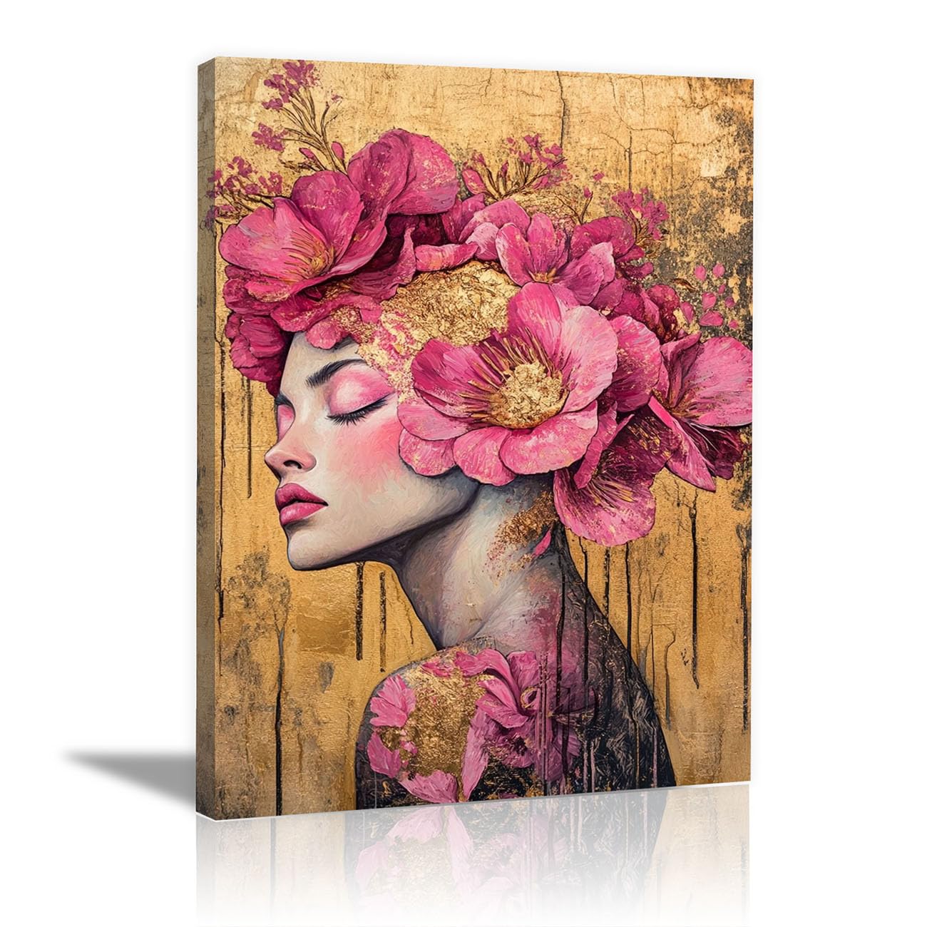 QUSAAOU Wall Decor Paintings Lady Pink Peony Gold Flandscape Minimalista Modern Home Decoration Paintings Suitable Living Rooms Bedrooms Already Framed Ready Hang(gold)-30x45cm1 Framed