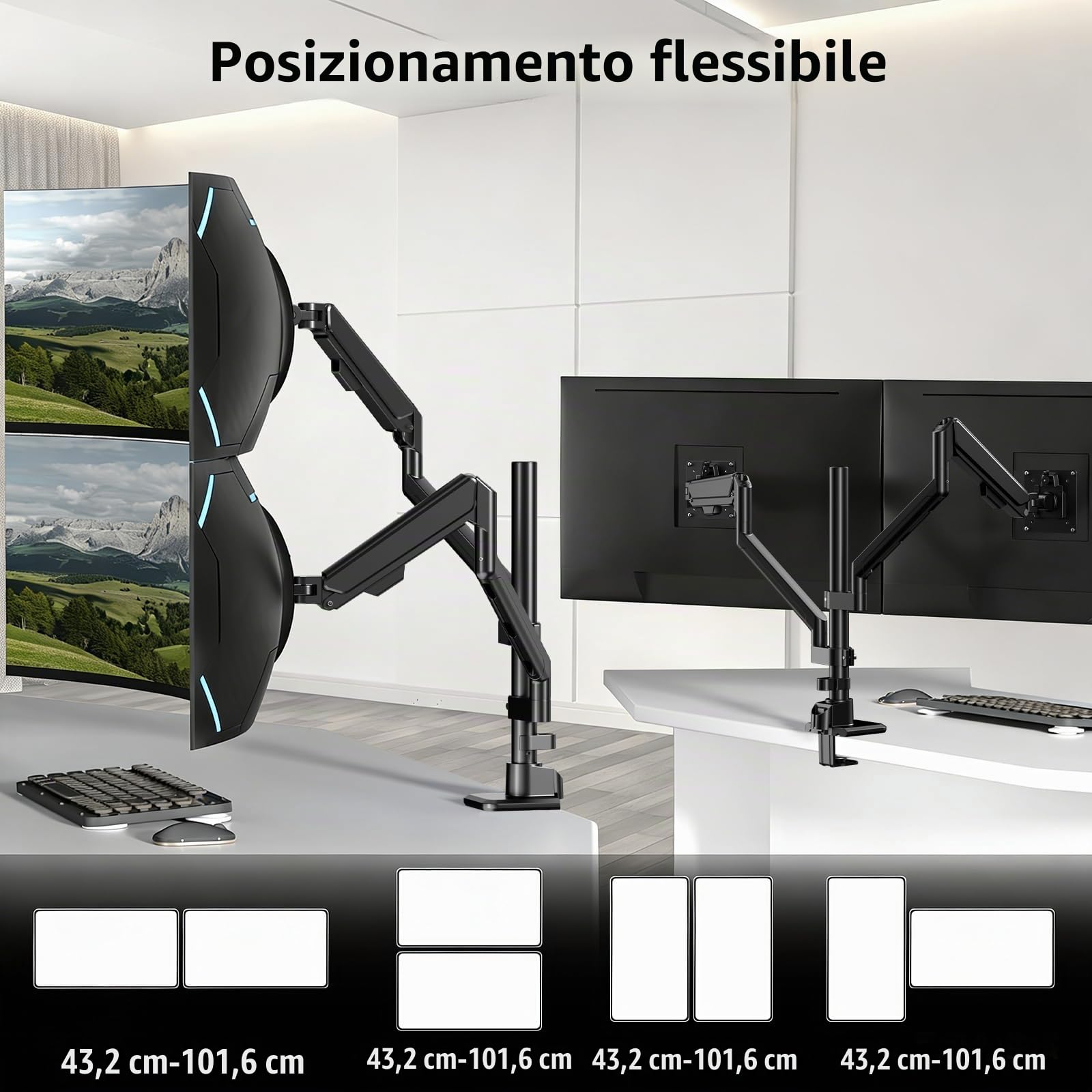 Braccio Monitor Doppio per Scrivania, Supporto per Schermi da 17 a 40 Pollici, Regolabile in Altezza e Orientabile, Carico 12kg per Braccio, VESA 75x75/100x100 | Design ergonomico, allineamento preciso, stabile & robusto, risparmio spazio, 12 kg per bracc