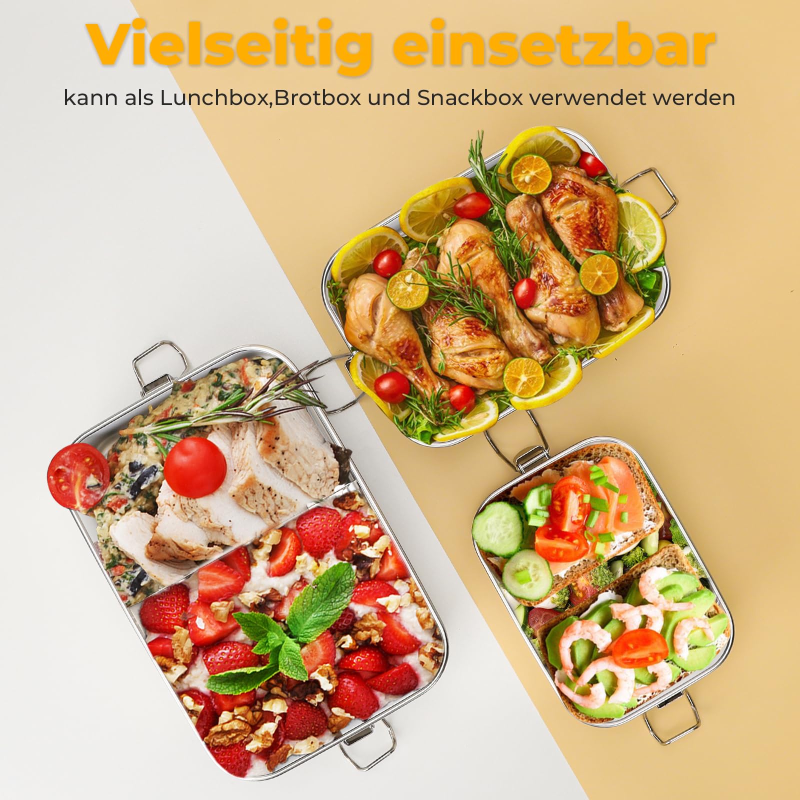 Contenitore per il pranzo in acciaio inox, 1400 ml, impermeabile, con scomparti e guarnizioni per scuola, lavoro, picnic, sostenibile ed ecologico, senza BPA, per studenti, adulti