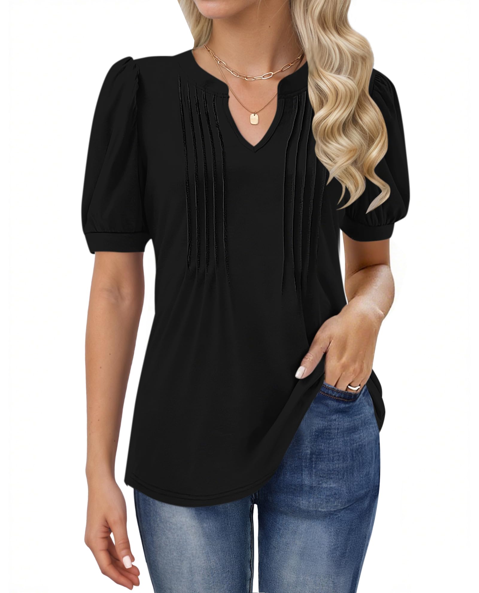 MOLERANI T Shirts for Women - V Neck Tops Loose Casual Puff Short Sleeve T-Shirt Front Pleated Blouse Black 2XL