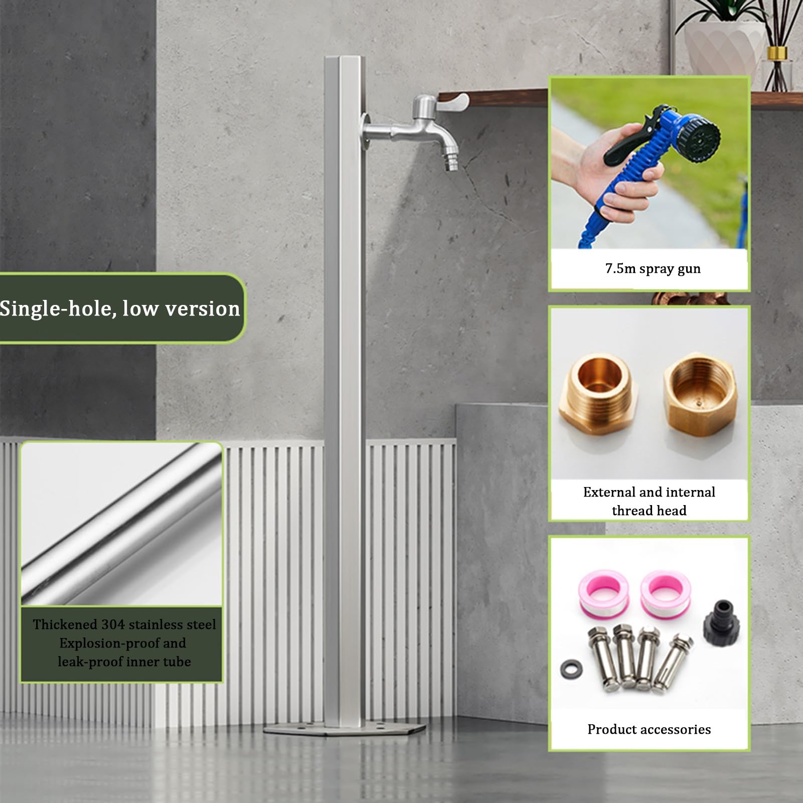 Columna de agua vertical cuadrada de acero inoxidable 304 para jardín al aire libre, anticongelante, doble grifo, montaje en el suelo, soporte para manguera de hidrante de incendios (A, 17 x 86 cm)