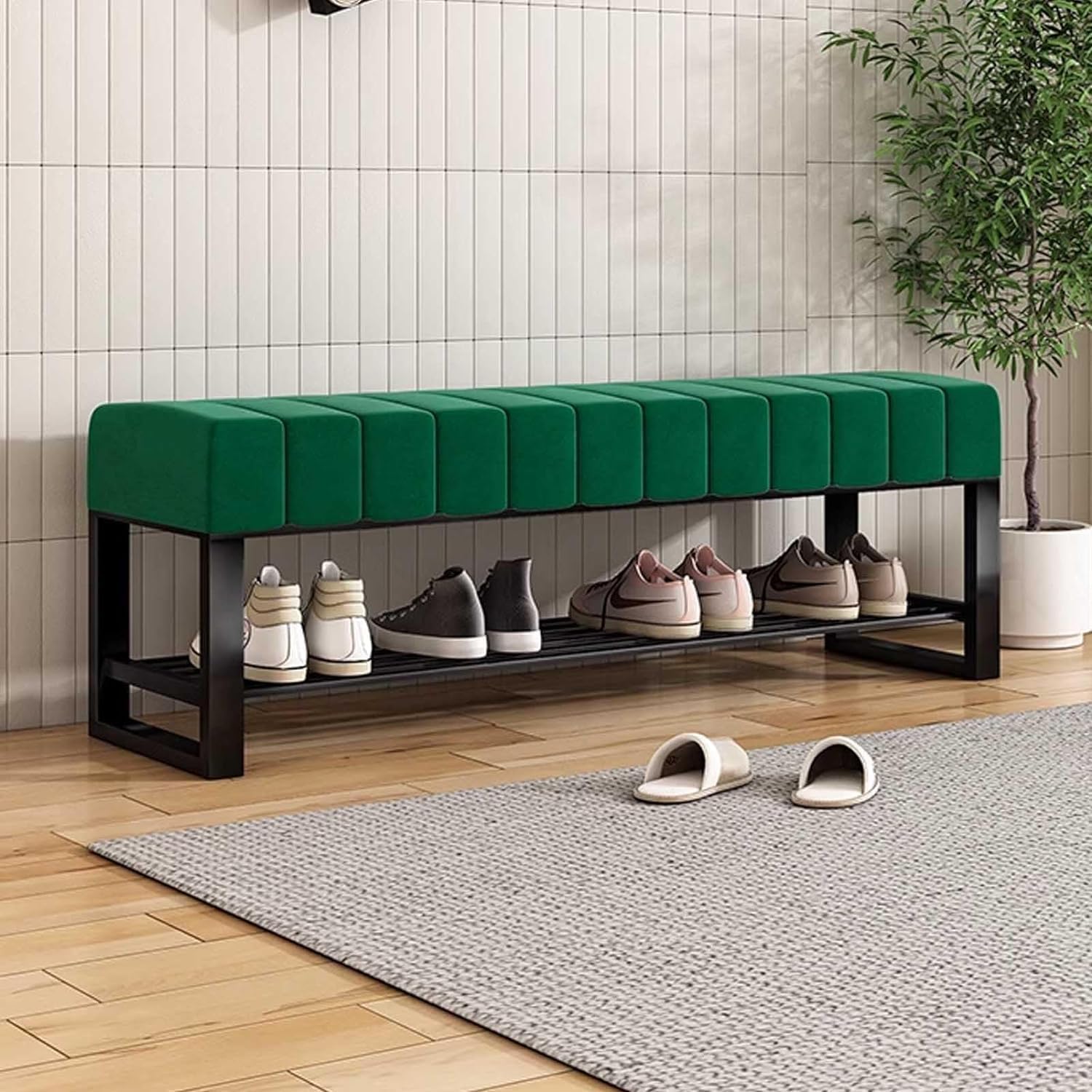 GYEQXKT Entryway Shoe Bench with Storage and Metal Shoe Rack, 2 Tier Organizer for Hallway, Living Room, Mudroom