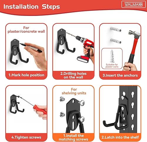 Miniatura 5 de WALMANN Ganchos de almacenamiento de garaje, ganchos de montaje en pared para herramientas, escaleras, cables, sillas plegables, palas y rastrillos,