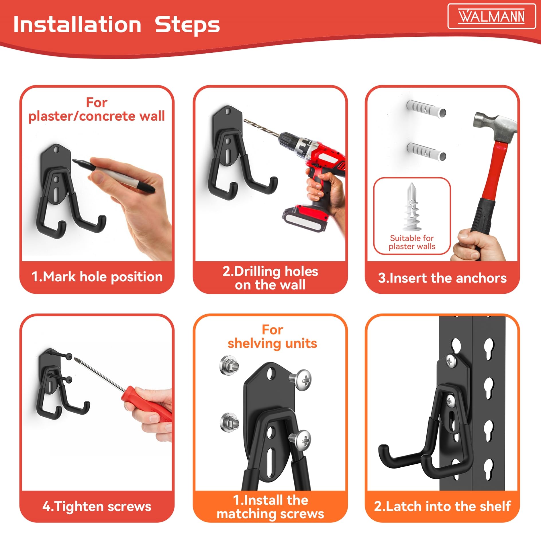 WALMANN 12 ganchos de almacenamiento de garaje, ganchos de montaje en pared para herramientas, escaleras, cables, sillas plegables, palas y rastrillos, ganchos de estantería para estanterías (negro)
