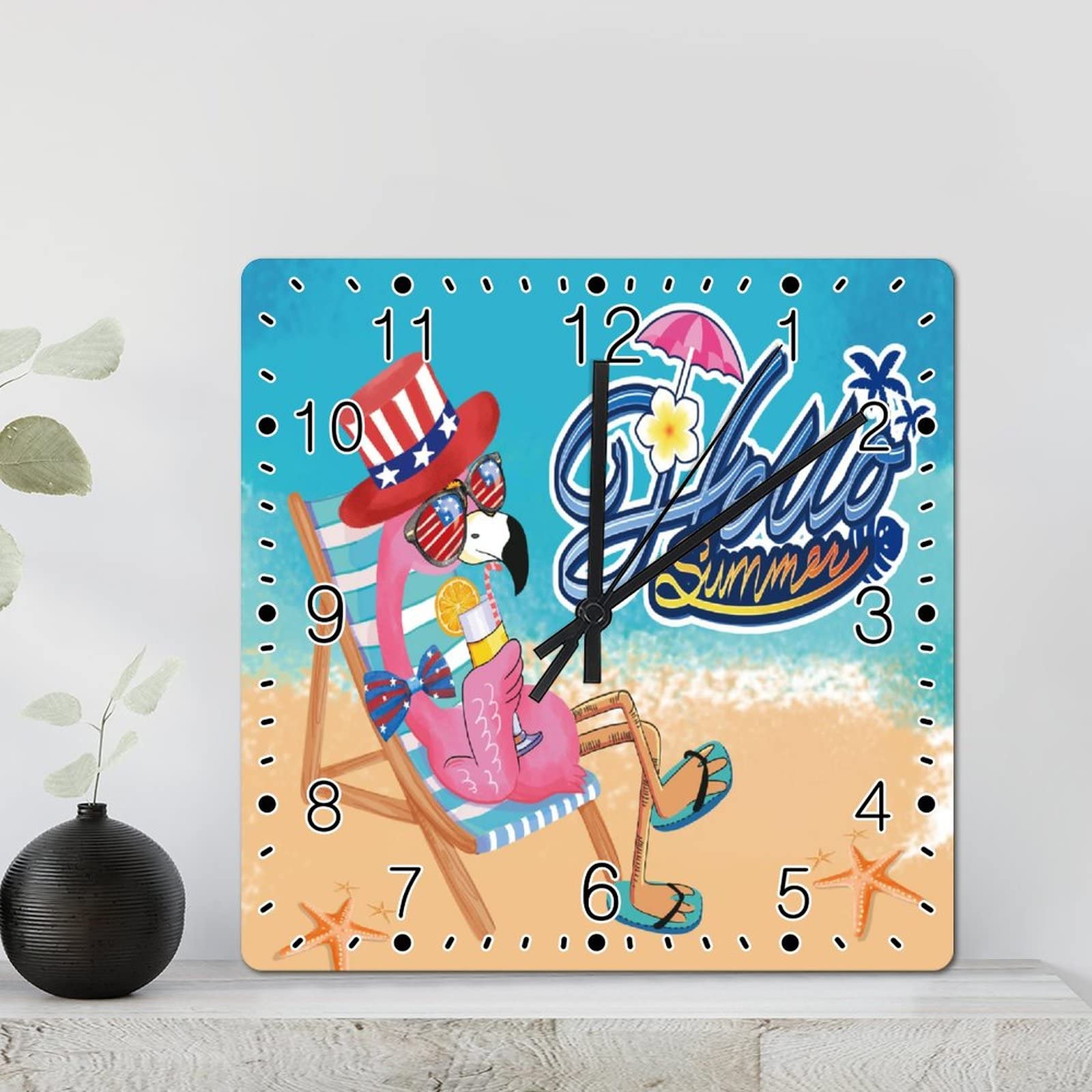 Horloge murale en bois oiseau et flamant rose Hello Summer de 30,5 cm silencieuse pour salon