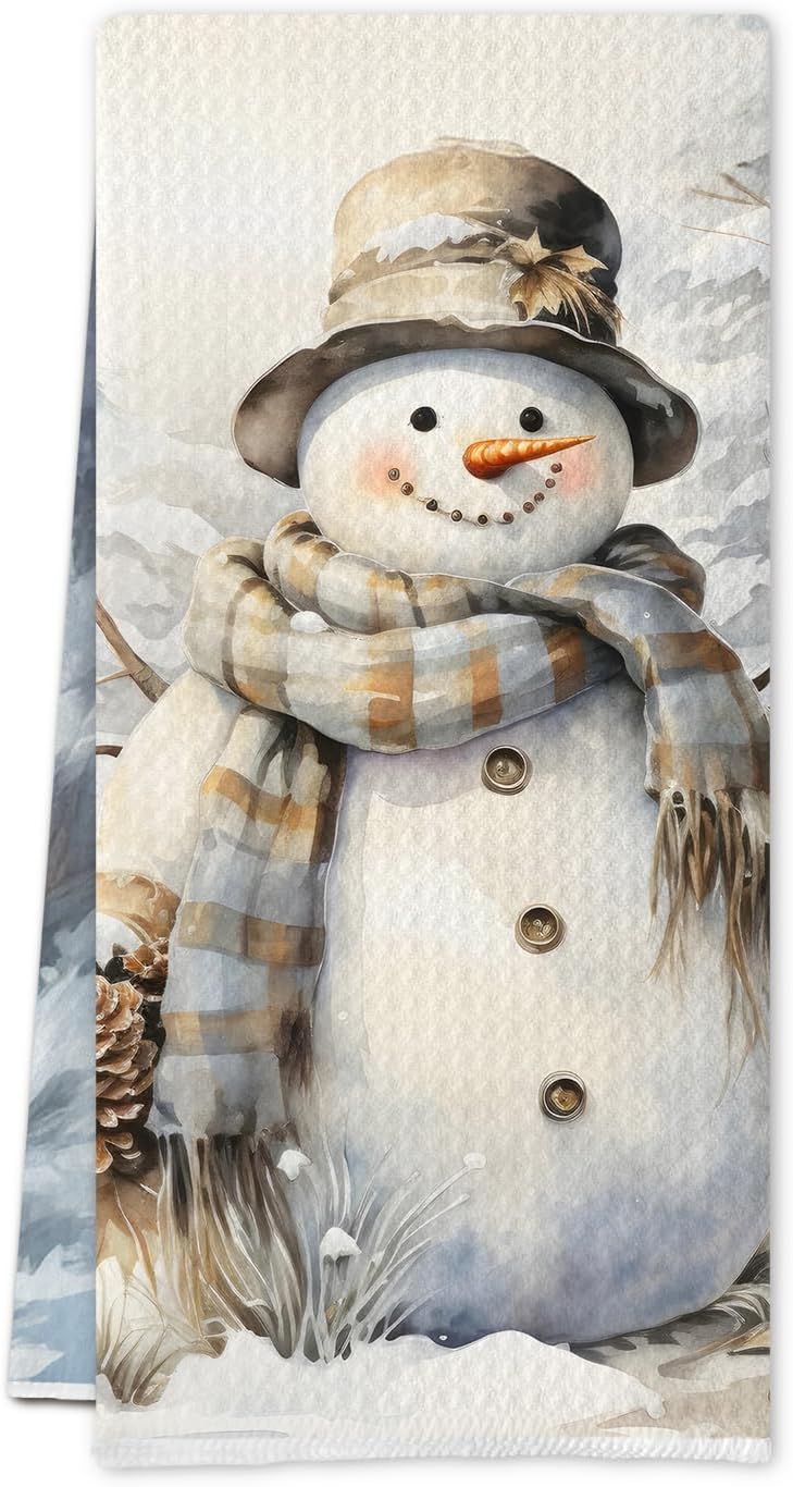 Rustic Winter Snowman Kitchen Towels, Christmas Snowy Tree Snowman Dish Tea Towels for Kitchen Decor, Holiday Winter Christmas Decorative Hand Towel for Bathroom, 16x24 Inch