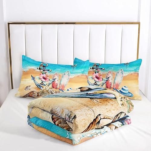 Miniatura 5 de AILONEN Juego de ropa de cama de playa tropical, tamaño individual con anclaje de barco, tabla de surf, patrón de caracola, juego de edredón para