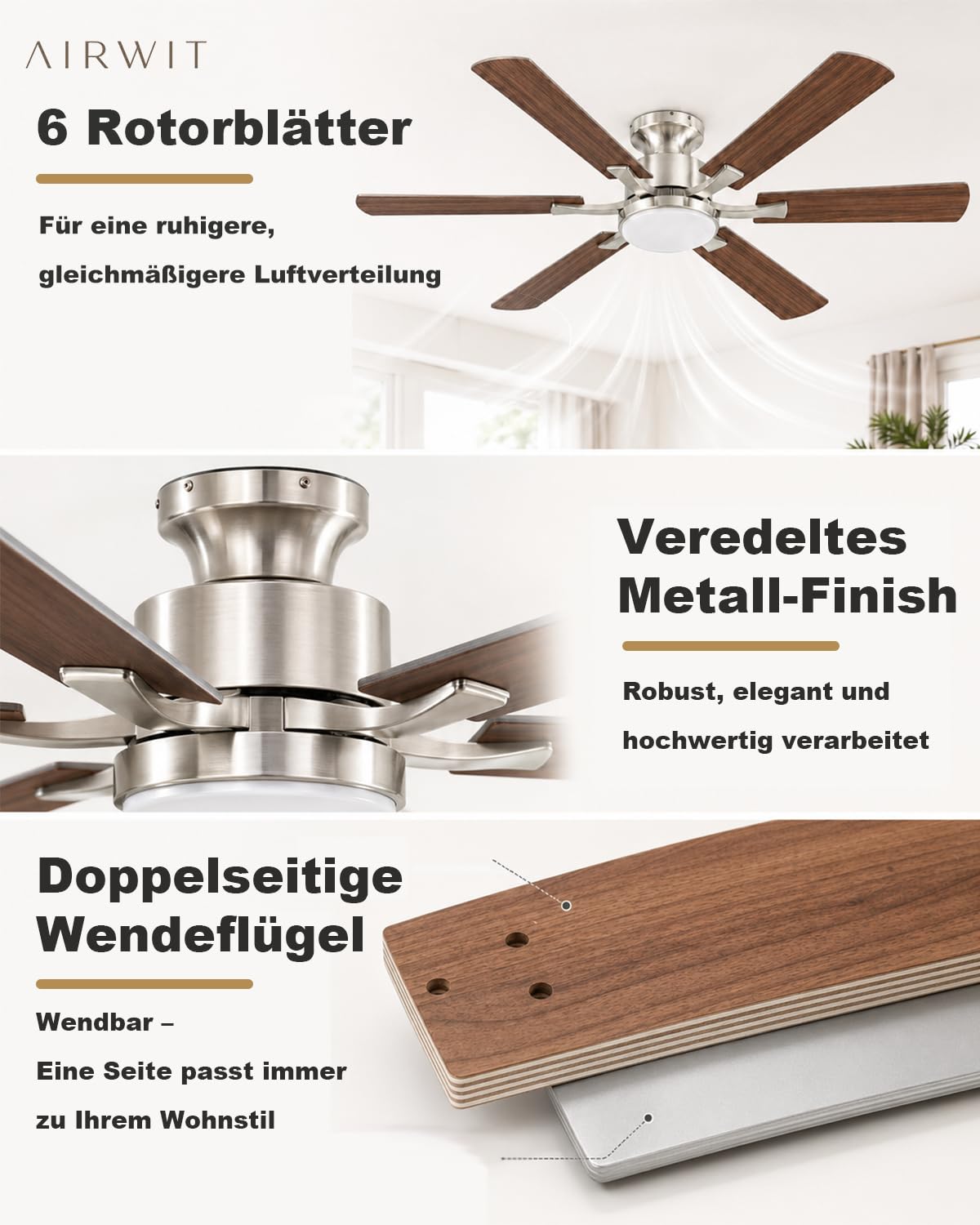 Airwit 132 cm Deckenventilator mit Beleuchtung und Fernbedienung, Deckenventilator mit Licht, leiser DC-Motor, 6 Geschwindigkeiten, dimmbare LED, Timer, Sommer-/Winterbetrieb, Walnuss/Silber