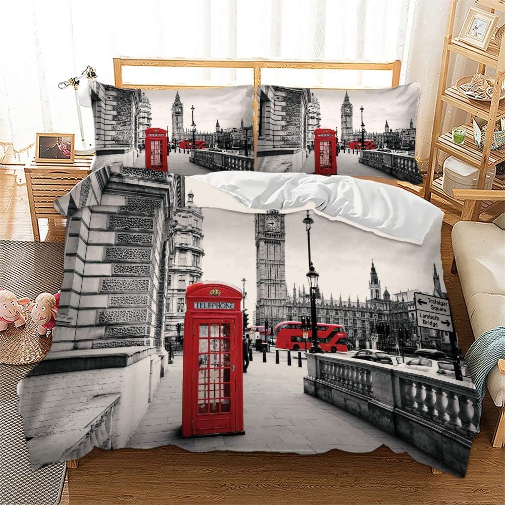 richhome London Duvet Cover Set, Famous City Cover Comforter Cover Set Phone Booth Big Ben Print Soft Red Gray Bedding Set King Size with 2 Pillow Cover โ image 1
