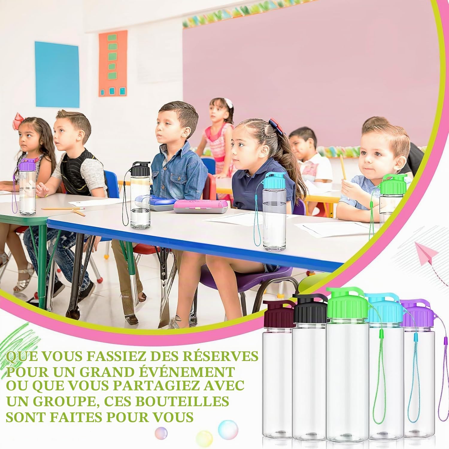 MSYU Lot de 20 bouteilles d'eau en plastique avec poignée - Légères et étanches - Pour adultes - 500 ml - Multicolore
