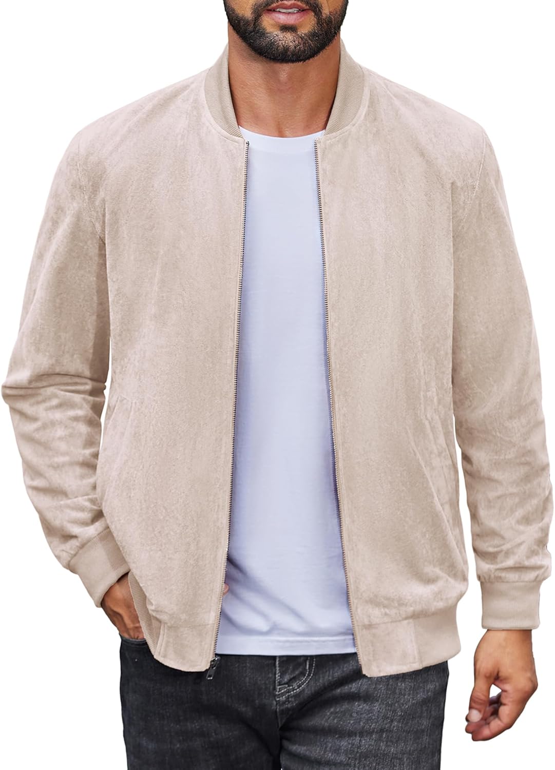 COOFANDY Men's Lightweight Suede Bomber Jackets Casual Varsity Jacket Vintage Faux Leather Jackets