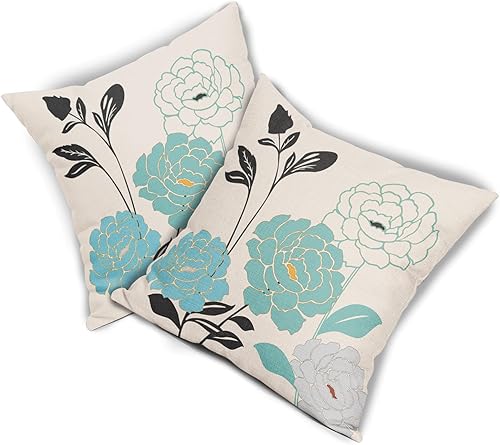 Miniatura 2 de Juego de 2 fundas de almohada de 16 x 16 pulgadas con diseño de flores para exteriores, color azul brillante, gris claro, floral, fundas de almohada