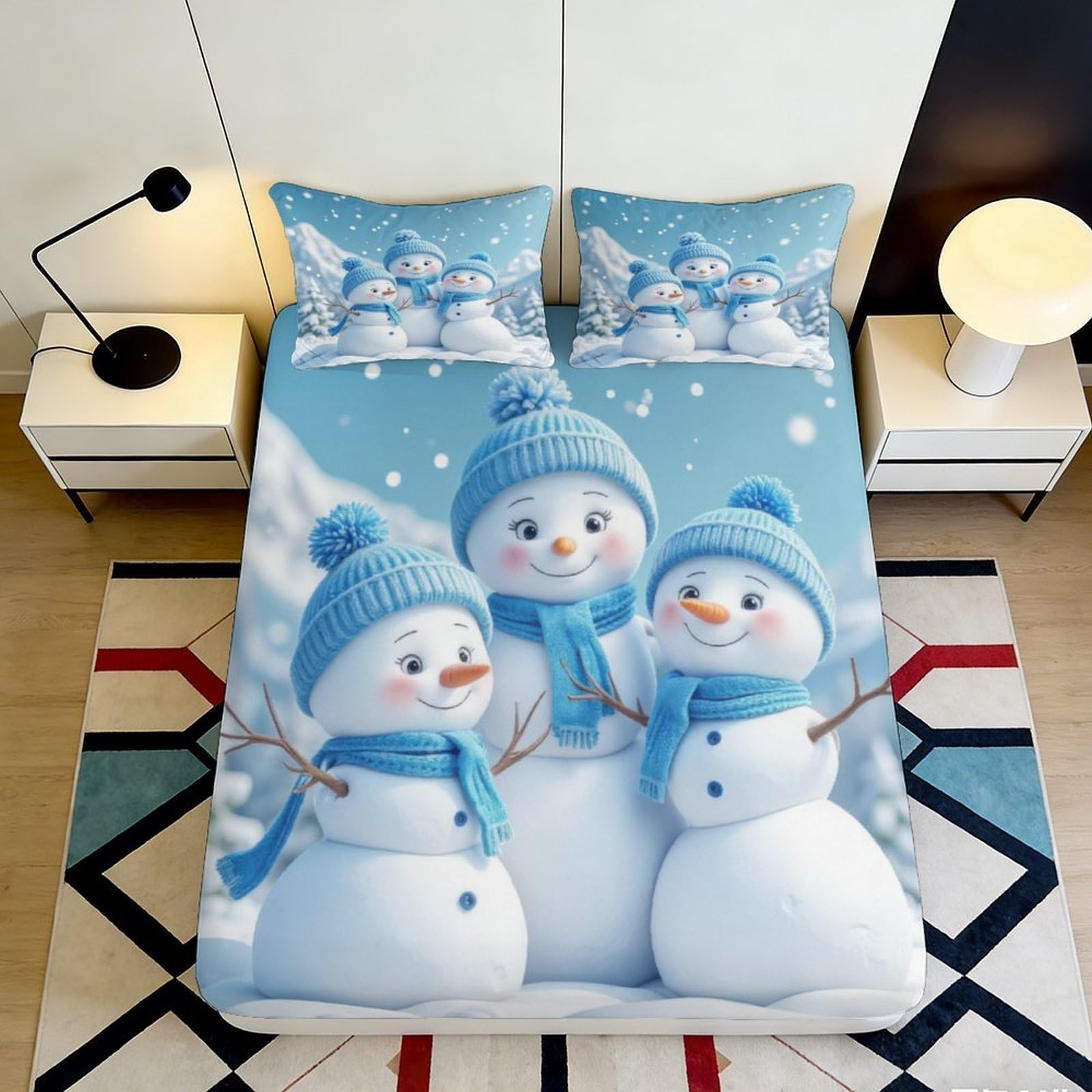 3D Printed Snowman Pattern Fitted Sheet Microfiber Deep Pocket Non-Slip Bedding Snowman Mattress Fitted Cover for Adults Teens 180x200x25cm