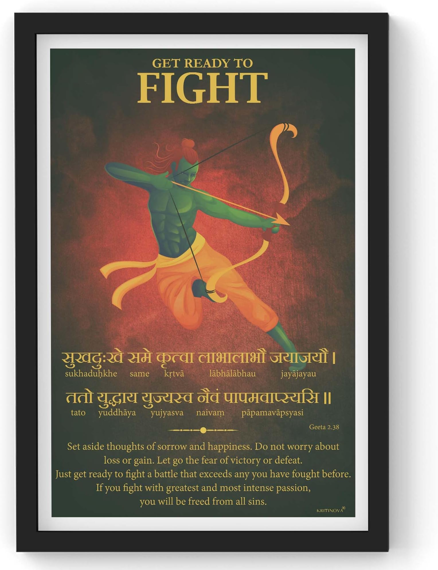 Get Ready to Fight Wall Art, Bhagwat Gita Quote, Geeta Wall Art, Sanskrit Art, Inspiring Sanskrit Quote Item (Multicolor, Frame size: 13 x 19 inches, Frame Color: Black)
