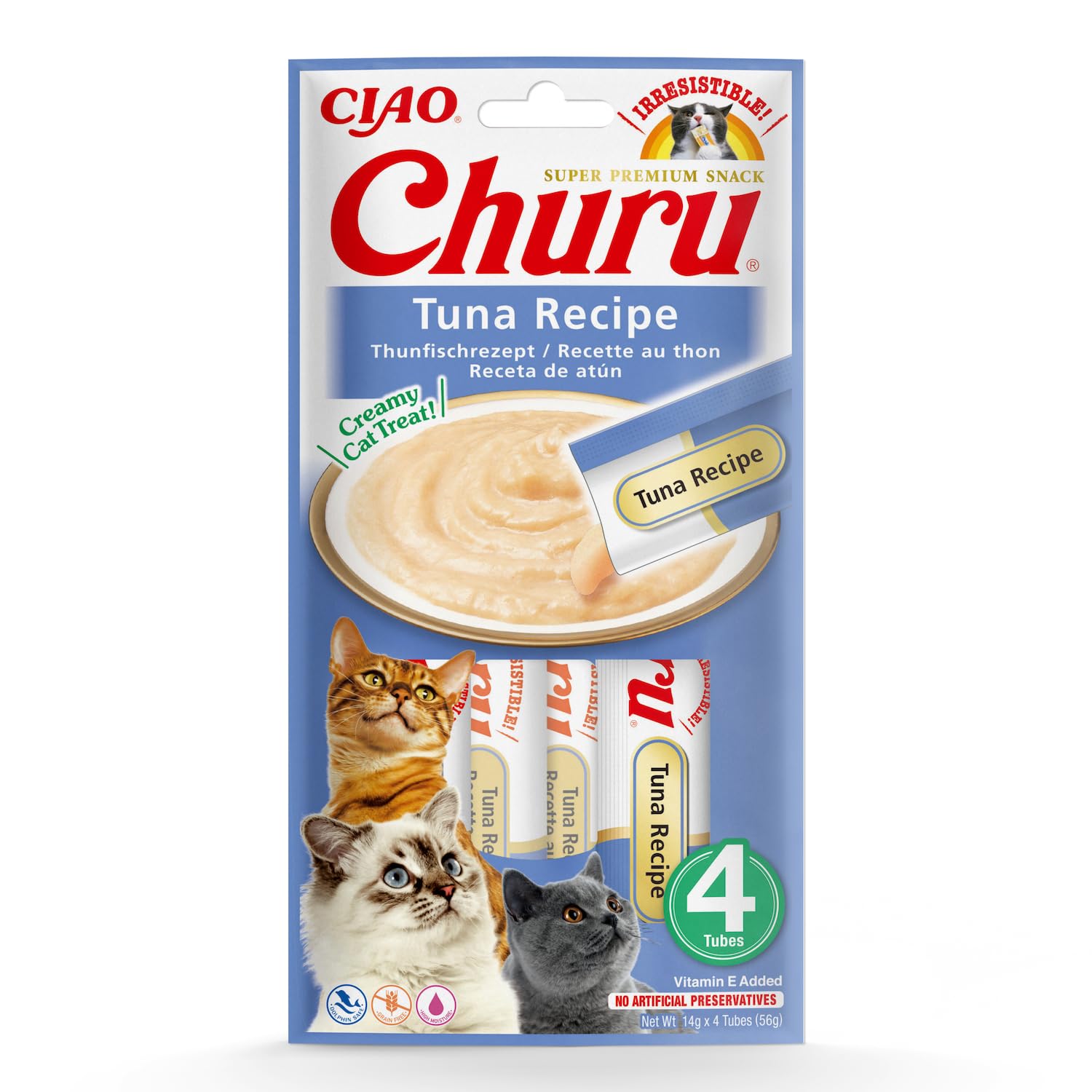 INABA Churu Cremige Katzen Leckerlies mit 30% Thunfisch, Hohe Feuchtigkeit, Nur 6 kcal pro Tube, Getreidefrei, Zuckerfrei, Kalorienarm, Premium Katzen Schleckies Cat Treats aus Japan 56 g (1er Pack)