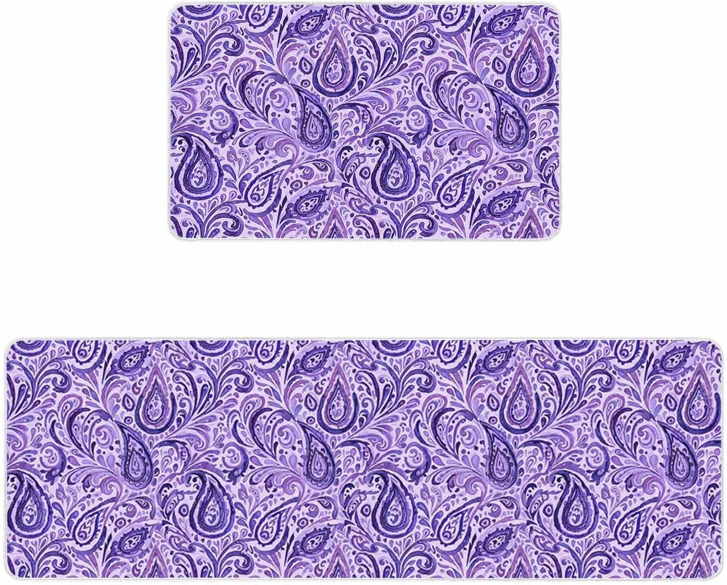 Paisley Floral Vintage Ethnic Kitchen Rug and Mat,Washable Floor Mats Standing Cushioned Set of 2,Abstract Geometric Purple Slip-Proof Doormat Runner Rugs for Indoor Bathroom Laundry Sink