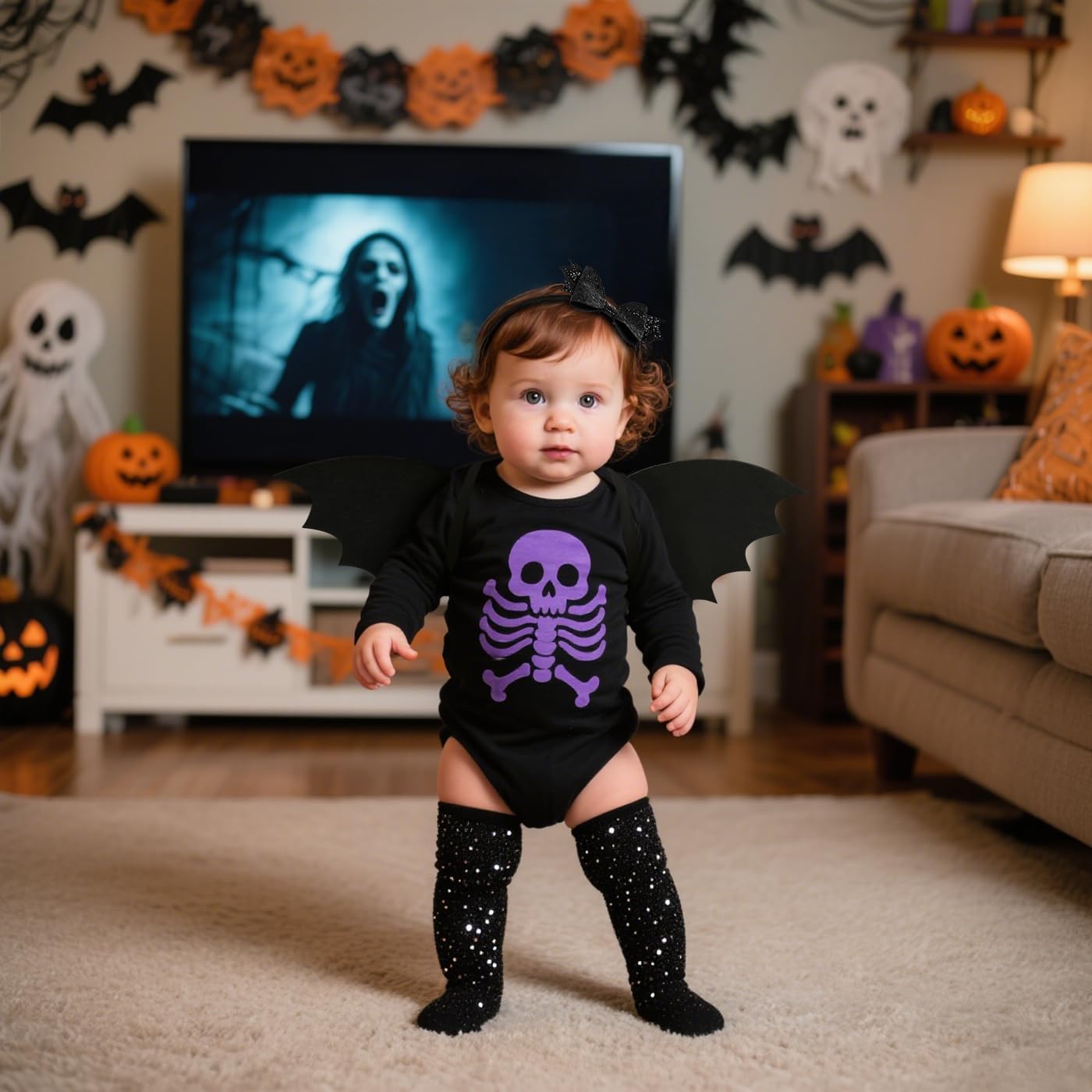 VZQI Kids Bat Wings Costume, Black Glitter Wings and Bow Headband