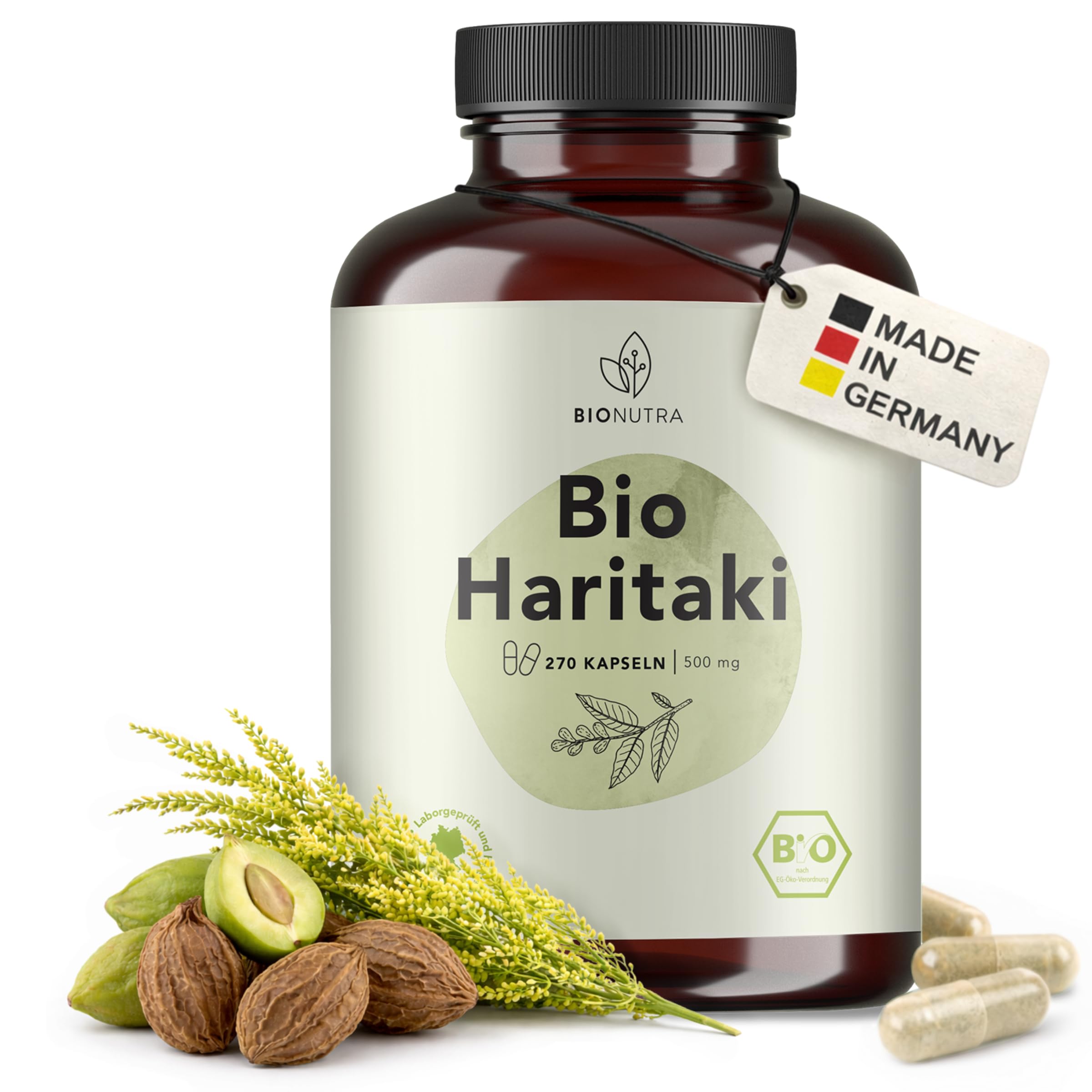 BIONUTRA® Gélules de Haritaki bio hautement dosées 3000 mg/jour, contrôlées résidus, fabrication allemande, véganes, sans lactose, gluten ni additifs, bio Haritaki poudre, 270 pièces x 500 mg