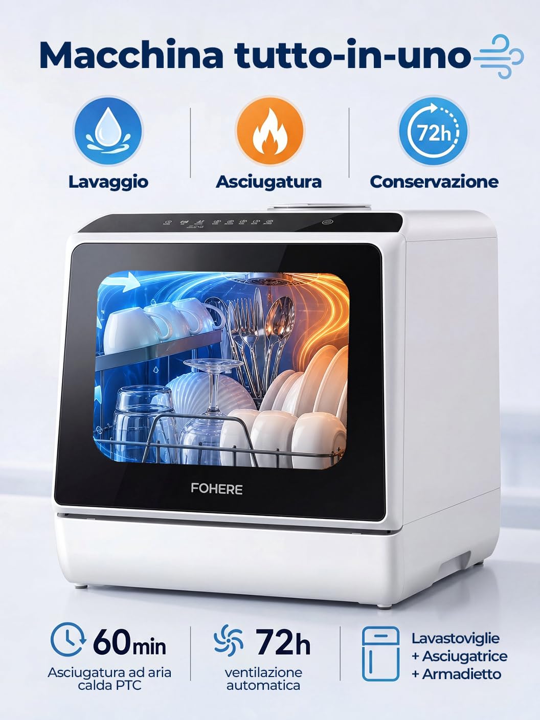 FOHERE Mini Lavastoviglie Con Serbatoio Da 5 Litri, Funzione Timer, Collegamento Dell’Acqua 2 In 1, 6 Programmi, Display LED，Lavastoviglie Da Tavolo E Mini Pulitore Per Ufficio, Monolocale E Camper