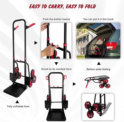 Miniatura 7 de Carro de mano escalador de escaleras, carrito resistente de 440 libras de capacidad con mango telescópico y ruedas de goma, 6 ruedas de goma y