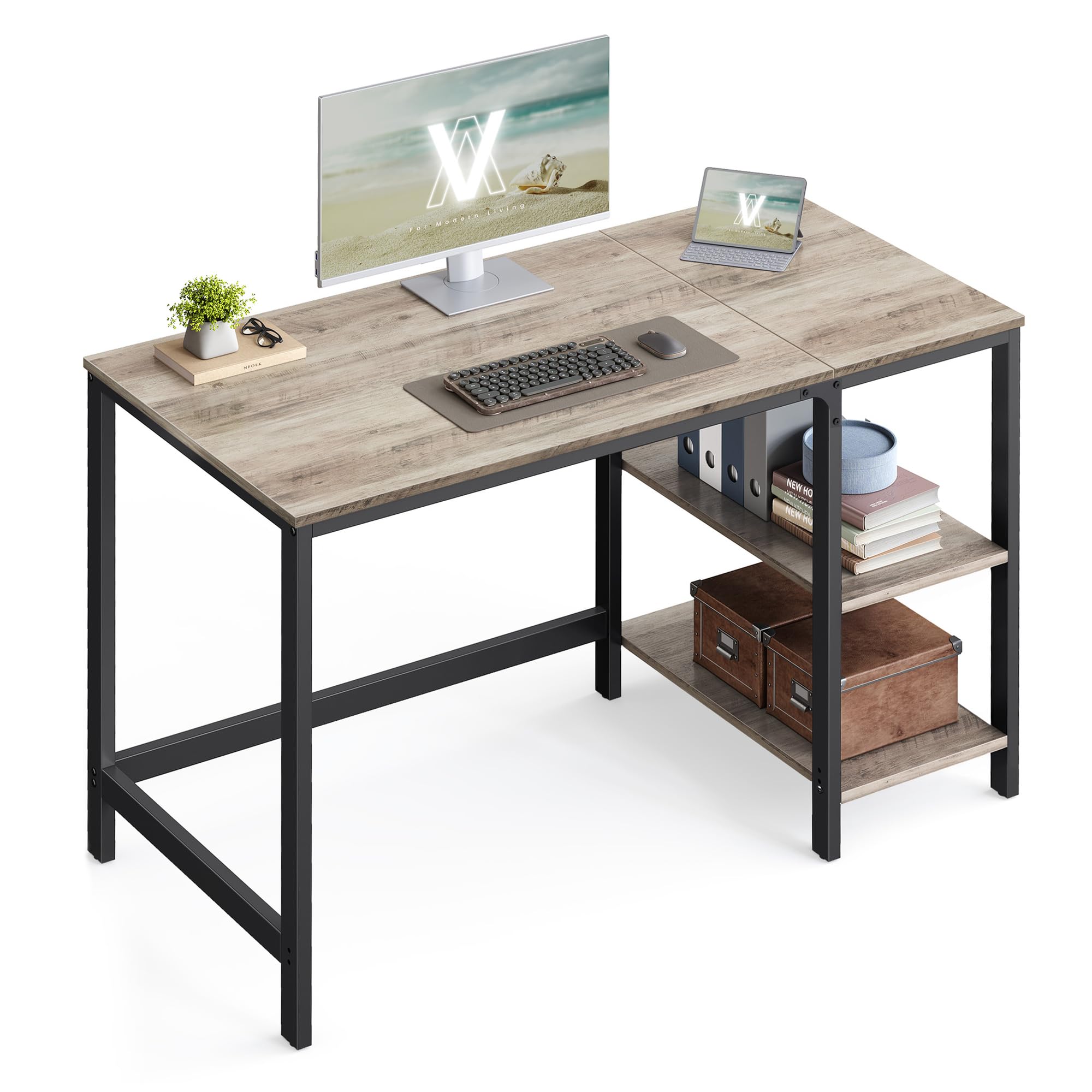 VASAGLE Computer Desk, Office Desk, 120 x 60 x 76 cm, Industrial Style, for Study, Bedroom, Living Room, Heather Greige and Ink Black LWD47MB