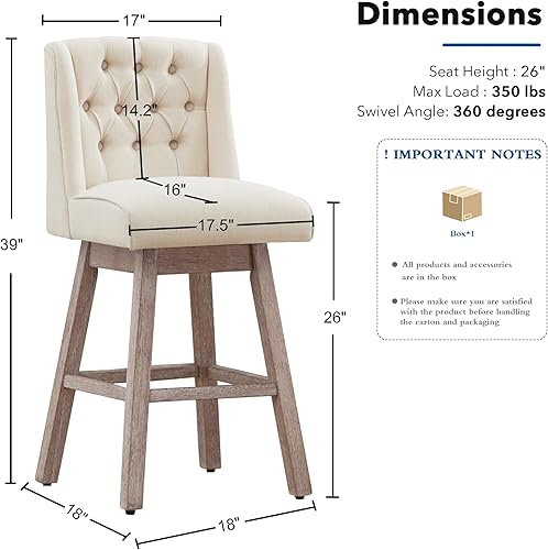 Miniatura 2 de Juego de 2 taburetes de bar de altura de mostrador, taburetes de bar giratorios de 360° con respaldo y patas de madera, taburetes de bar tapizados