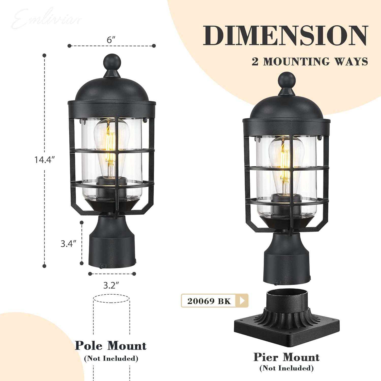 Emliviar Modern 14.4 Inch Lamp Post Light, Black Pole Light Outdoor for Walkway, Outside Post Lantern with Clear Tempered Glass Shade, GE255P-L BK