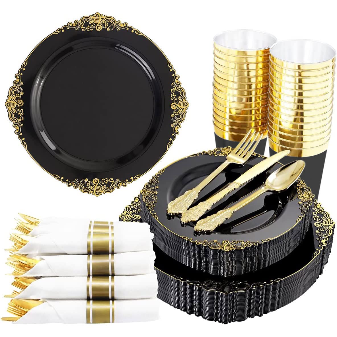 Platos de plástico negro y dorado para 25 personas en ocasiones especiales, 175 piezas de vajilla reutilizable para cenas, cumpleaños, fiestas, bodas, Pascua, celebraciones de verano