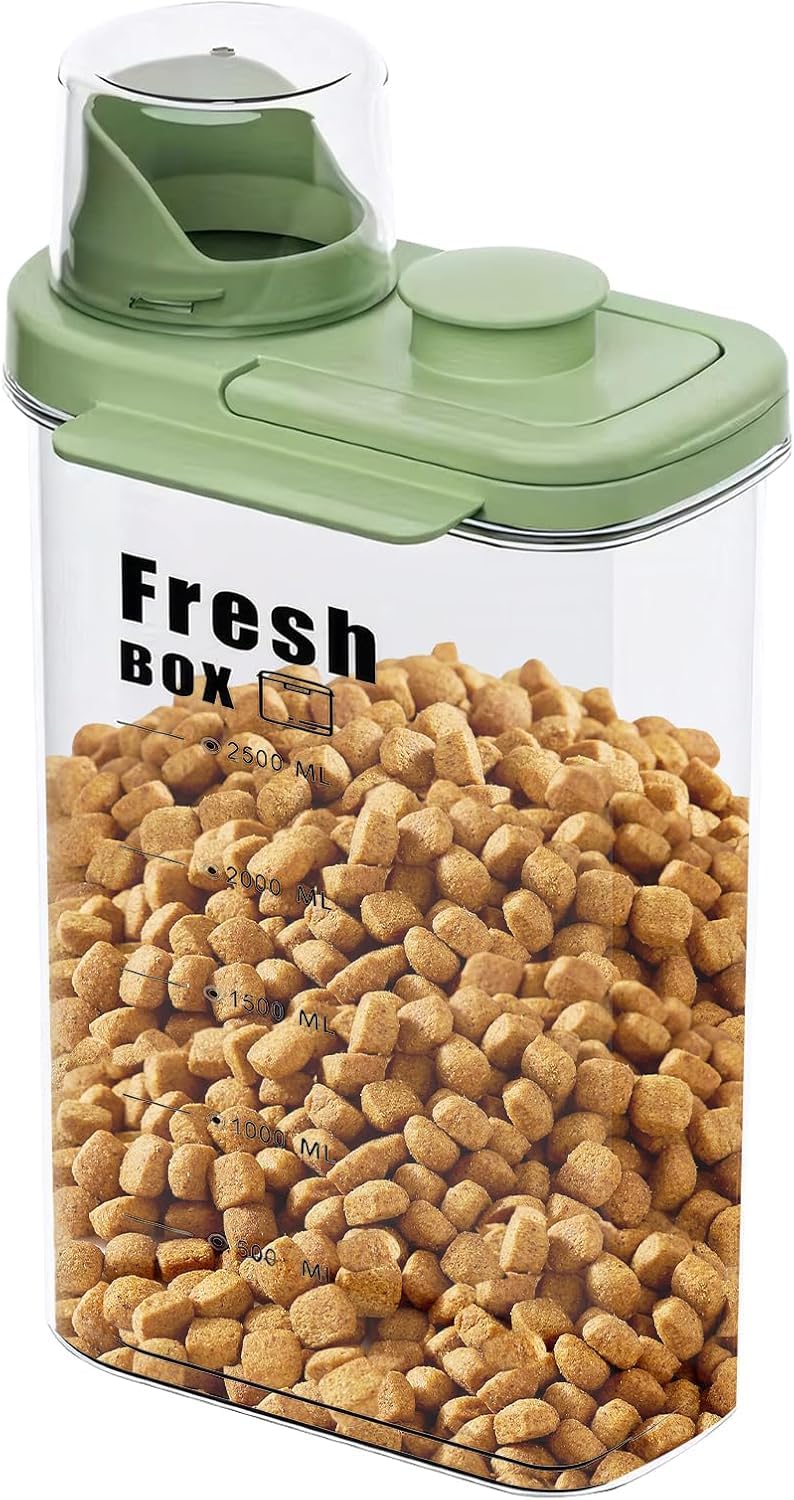 ele ELEOPTION Dog Cat Food Storage Container Transparent Sealed Pet Storage Pourable Spout Portable Small Dog Food Container for Dry Feed (Green, L/2.8L)