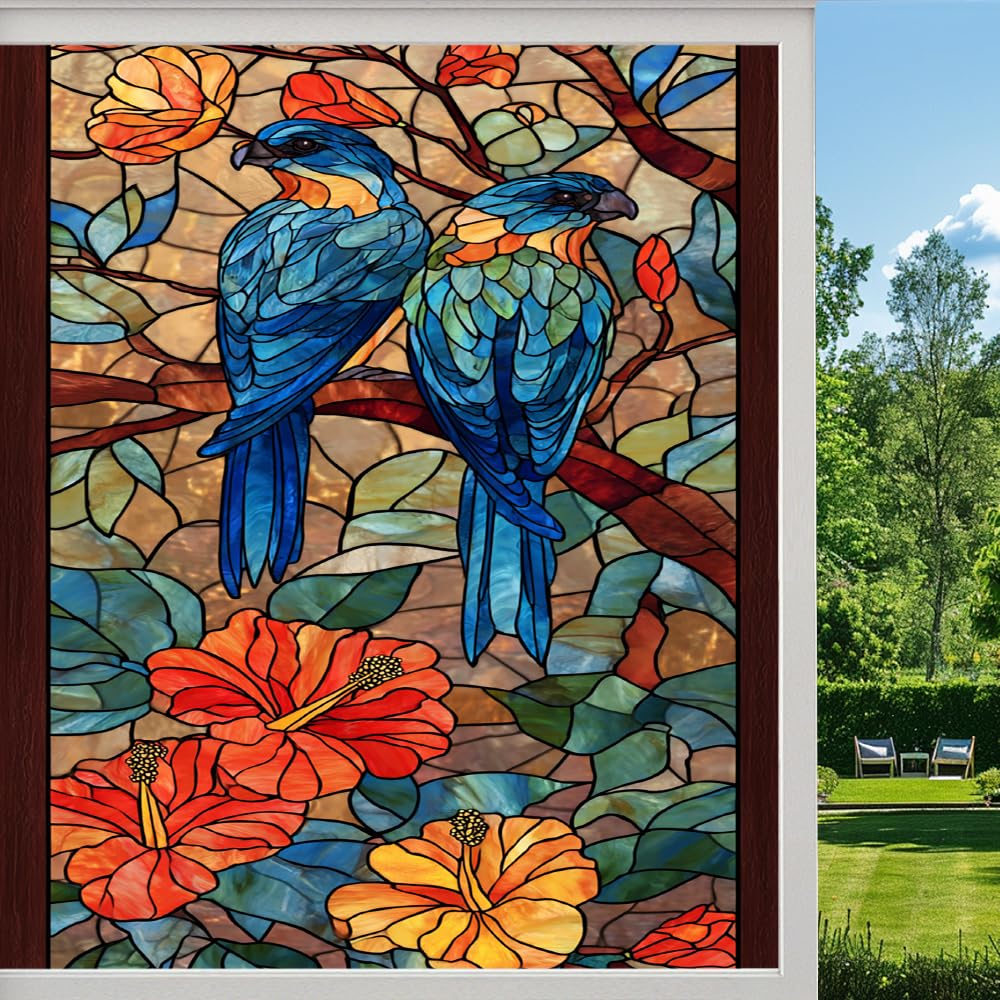 Colorful Garden Stained Glass Window Film, Natural Hibiscus Flower Bird Peel and Stick Privacy Film, Frosted Adhesive Vinyl Decorative for Bathroom Windows Glass Doors, （55x120cm）