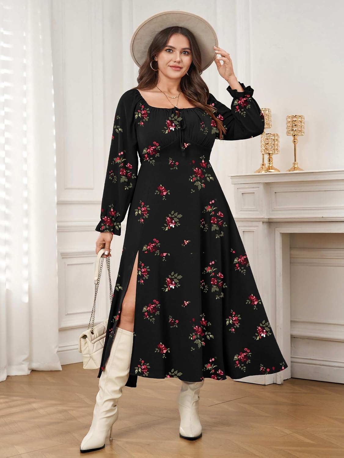 Women's Plus Size Milkmaid Dress Long Sleeve Square Neck Dress A-Line Flowy Maxi Wedding Guest Cocktail Formal Dresses - Image 2