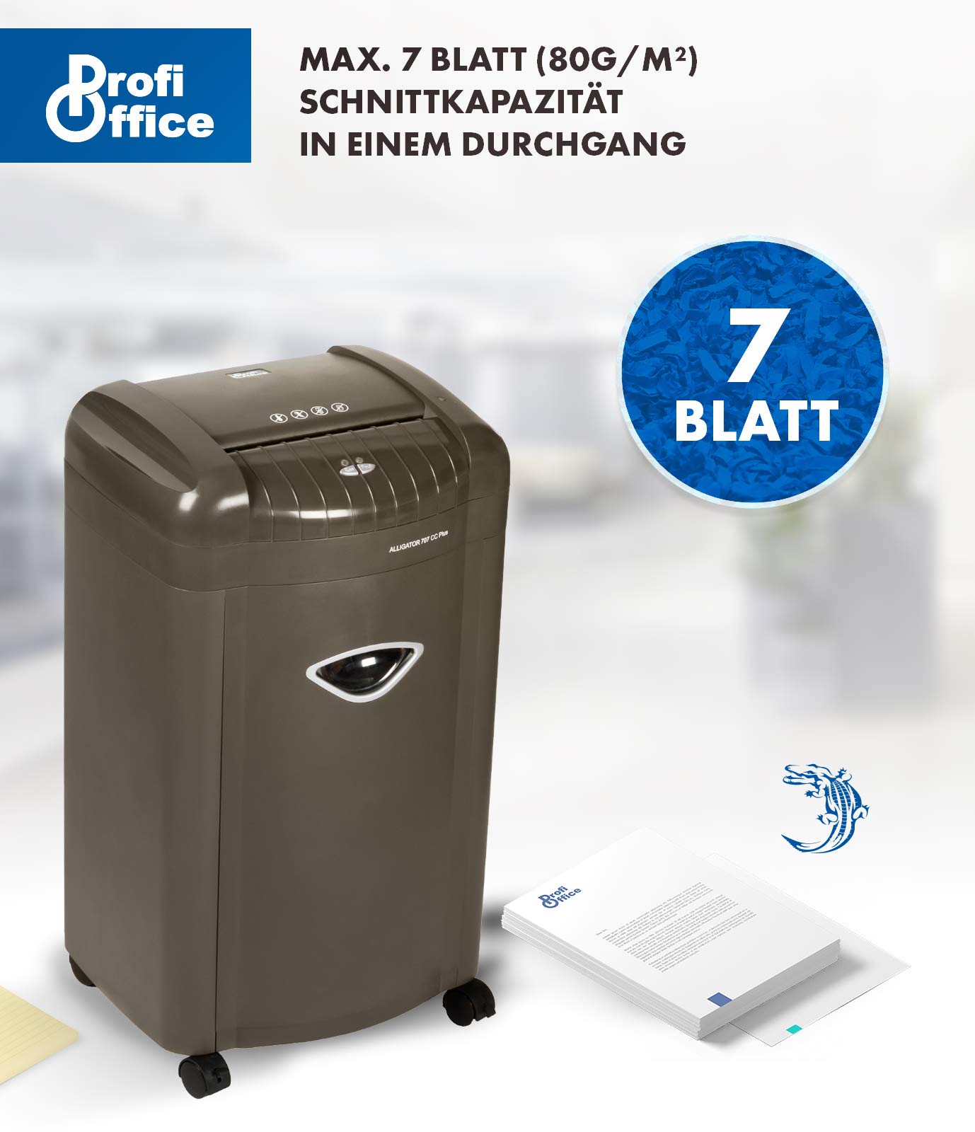 Destructora de Papel Alligator 707 CC+ – Trituradora Silenciosa Corte Cruzado P-4 | Whisper Technology | para Oficina y Hogar, Papelera 26L con Iluminación LED, 7 Hojas