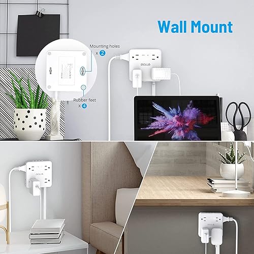 Miniatura 5 de TROND Regleta protectora de sobretensiones con USB, cable de extensión de enchufe plano ultrafino de 5 pies, 8 salidas de CA anchas, 3 USB A y 1 USB