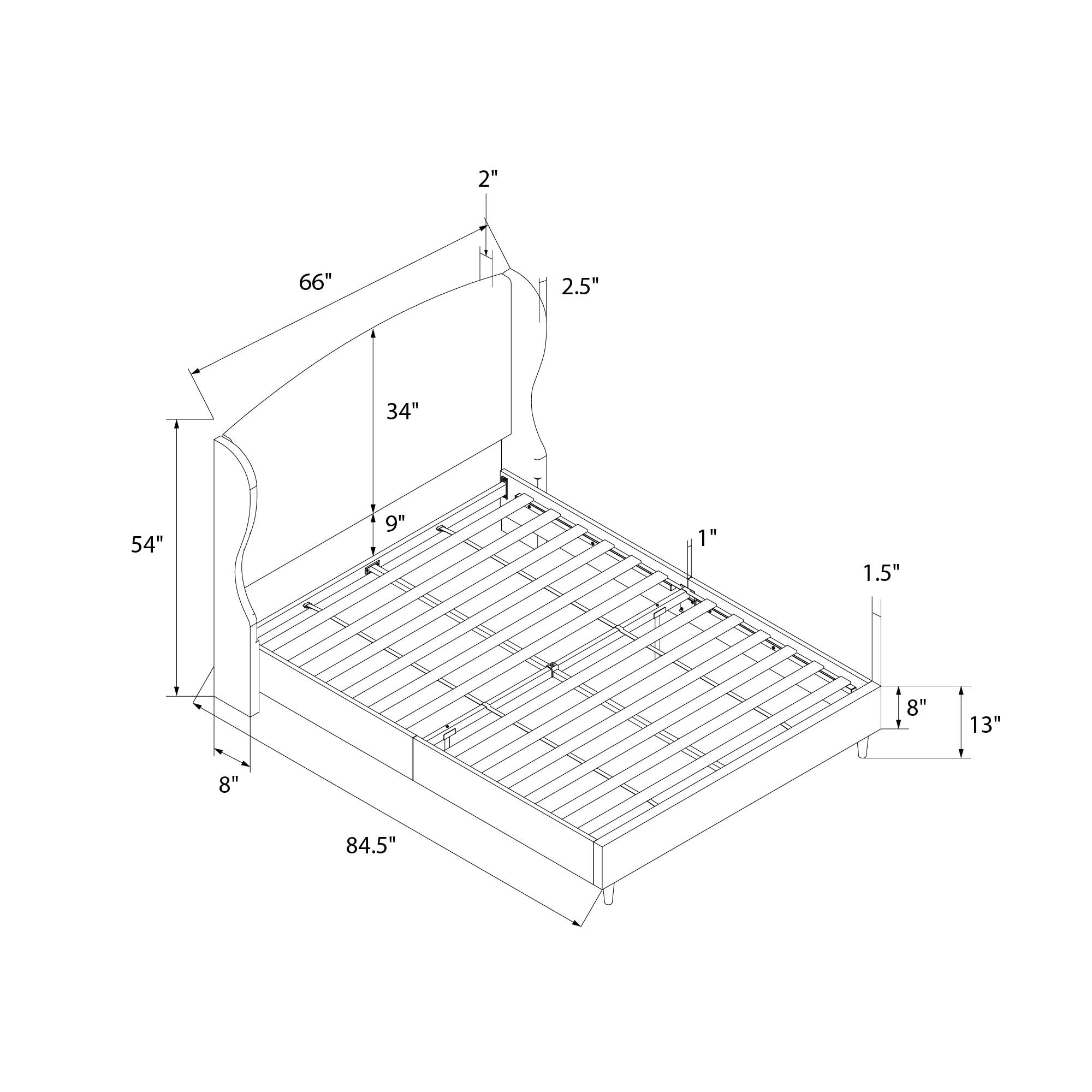 Detailed diagram of the bed frame with all dimensions labeled