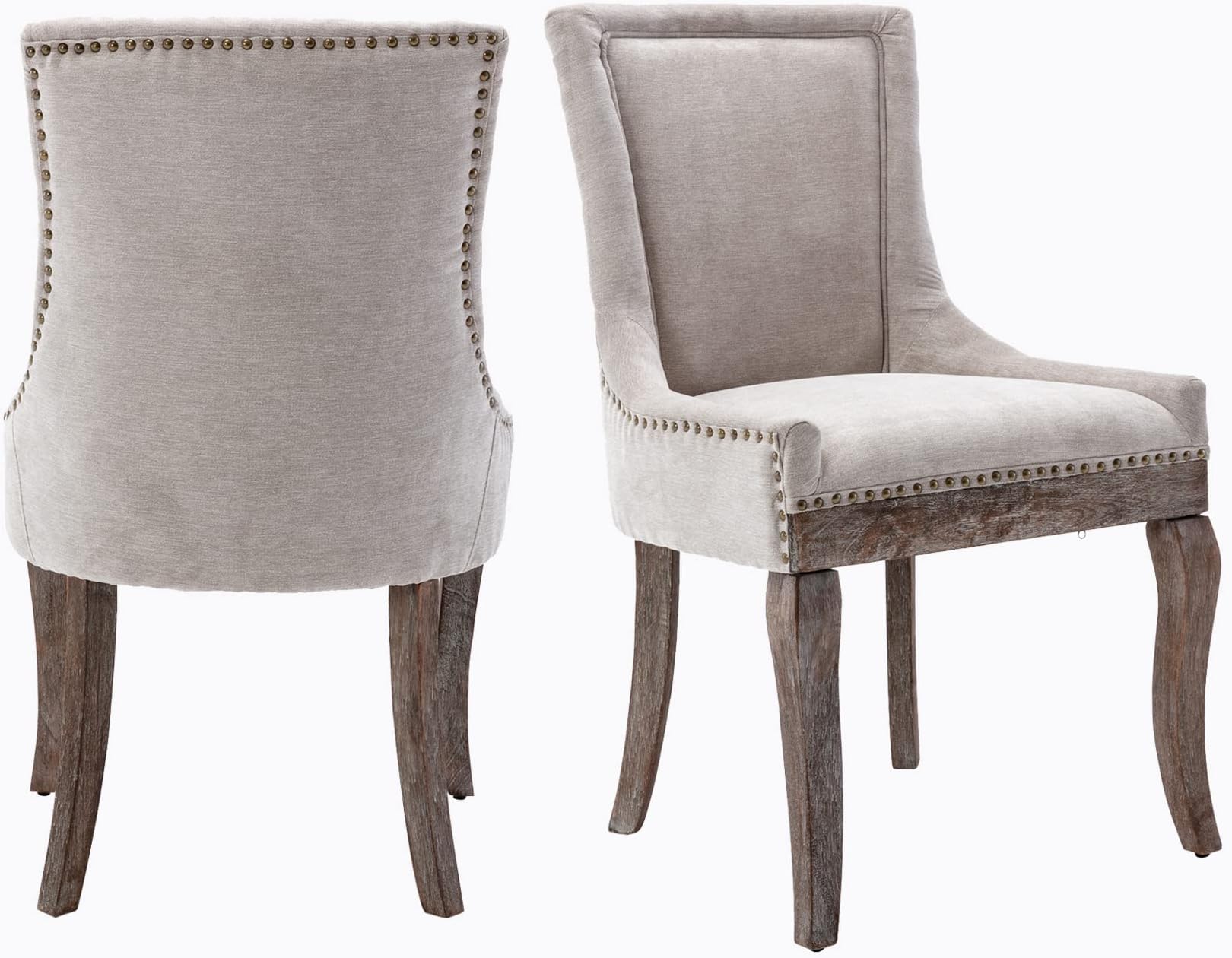 Aoowow Fabric Upholstered Side Chairs Set of 2, Solid Wood Kitchen Dining Room Chairs with Nailheads Legs (Fabric Beige)