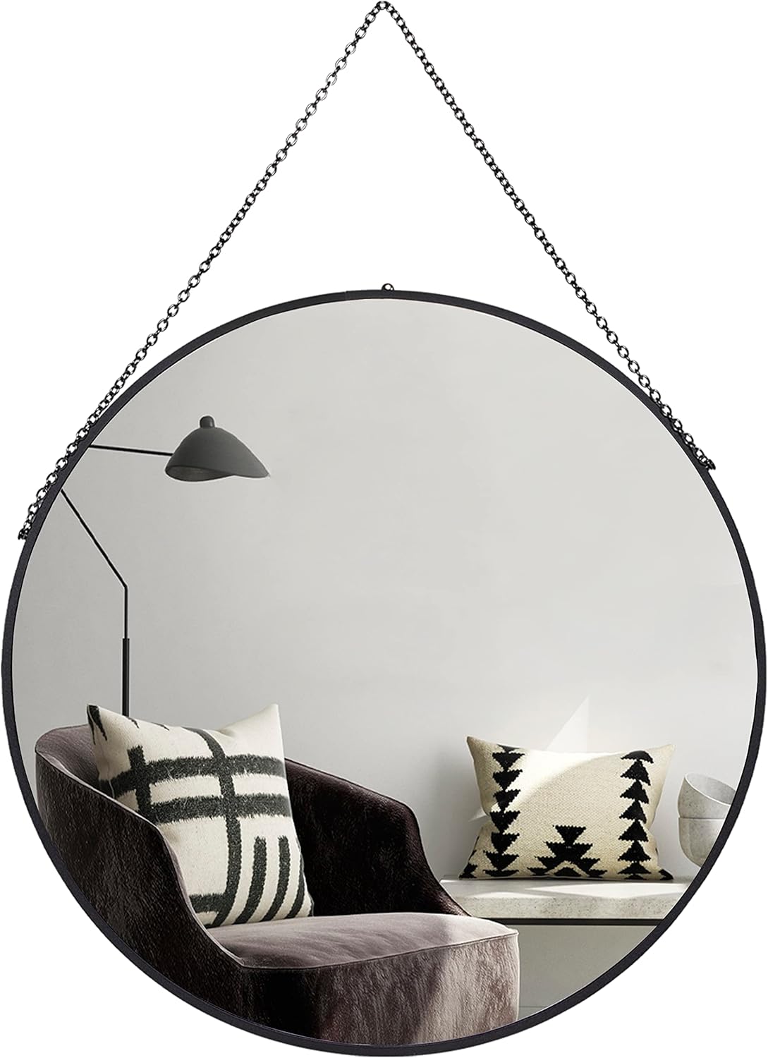 Camden Reed 23.5 Inch Round Hanging Black Metal Wall Mirror Featuring Chain, Accent Mirror, Bedroom Mirror, Bathroom Mirror, Black