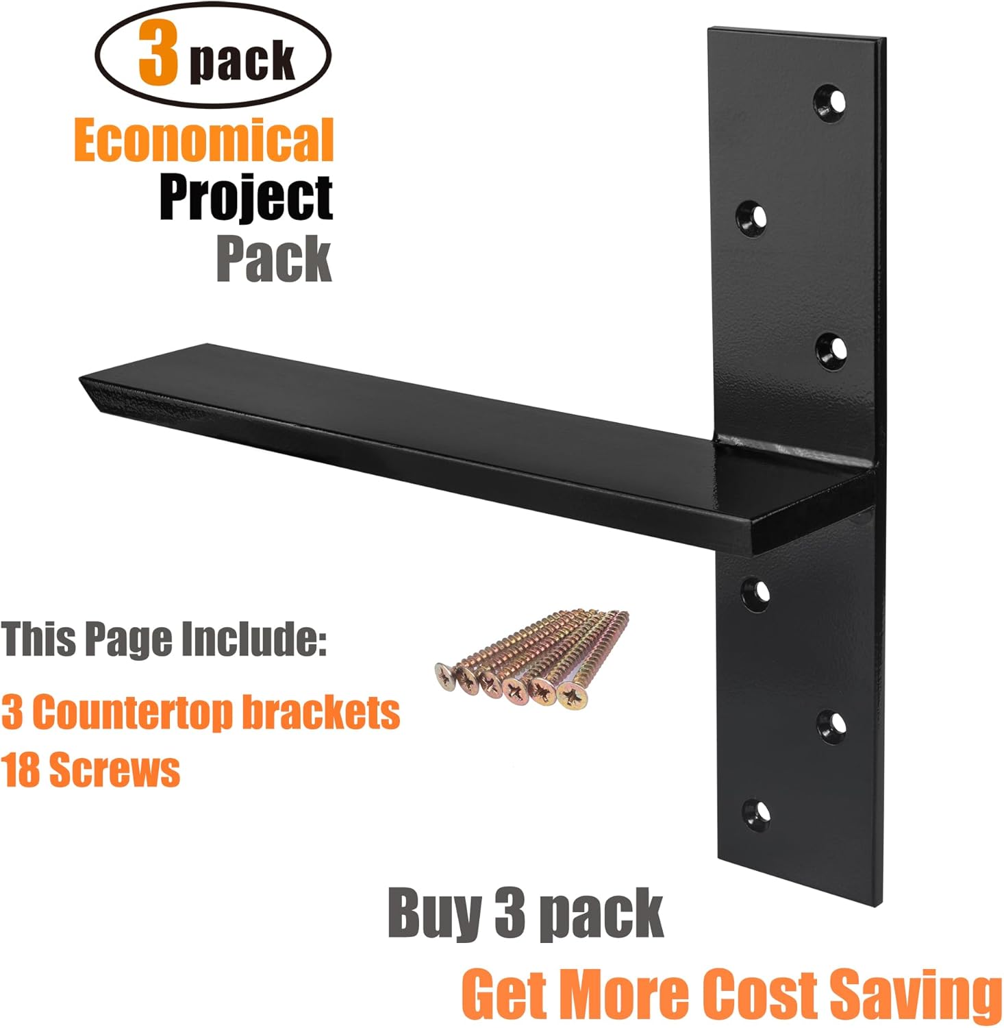 (3-Pack) Free Hanging T Shelf Bracket, Solid Heavy Duty Steel Knee Wall Hidden Granite Countertop Support Floating Bracket Hardware, Universal ,3 Count,12 Inch , DIY Projects , Screws Included