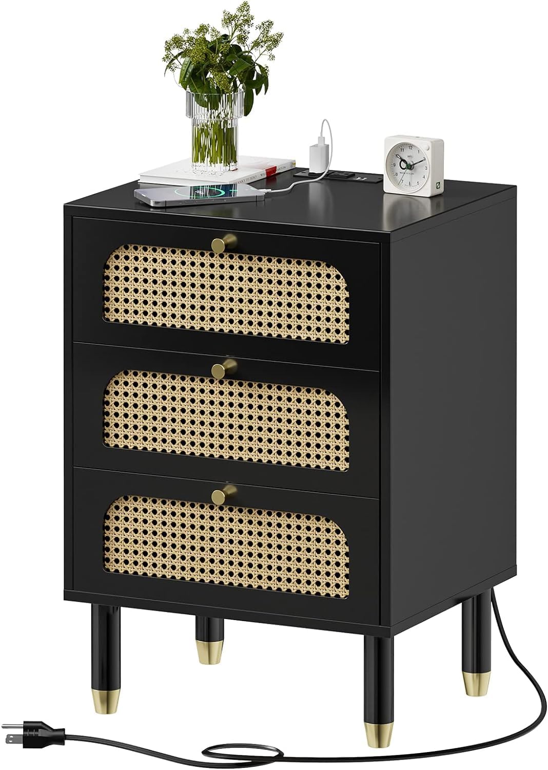 VINGLI Rattan Nightstand with Charging Station, 27" Tall Black Nightstand with 3 Drawers for Bedroom, Boho Mid Century Modern End Table/Side Table/Bedside Table (Black, 1 Pack)