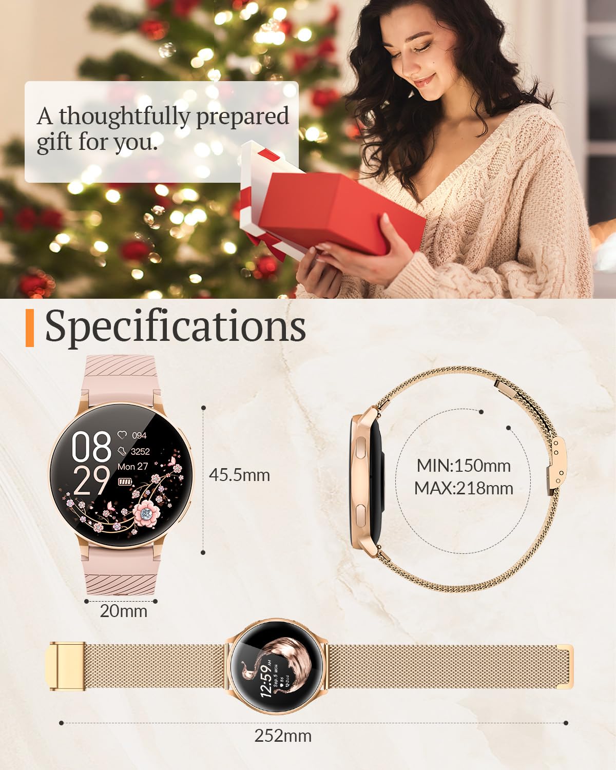 Smart Watches for Women (Answer/Make Calls), 1.39'' Fitness Tracker Watch with Blood Pressure/Heart Rate/Sleep Monitor/IP68 Waterproof, Smart Watch for Android Phones and iPhone Compatible Rose Gold