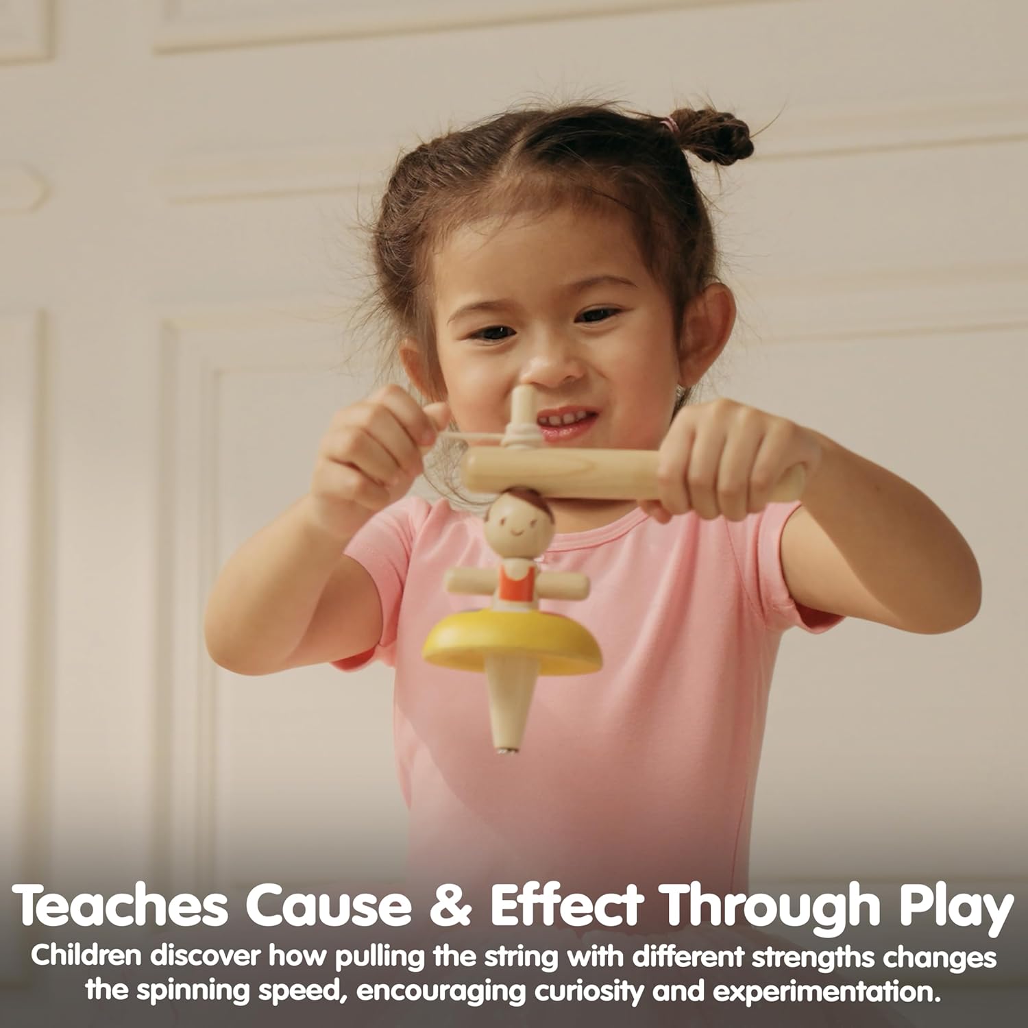 PlanToys® Wooden Ballet Spinning Top | Montessori Inspired Pull String Toy for Cause & Effect, Coordination & Motion Control | Eco Friendly Spinning Toy for Fine Motor Skills & Creative Play