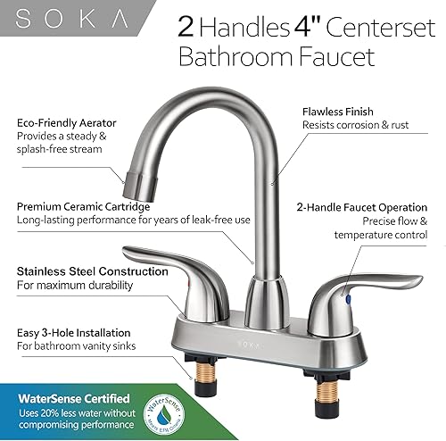 Miniatura 4 de SOKA SK18001NY - Grifo de lavabo central dos asas de arco alto 4 pulgadas con placa de cubierta y drenaje emergente instalación de 3 agujeros níquel