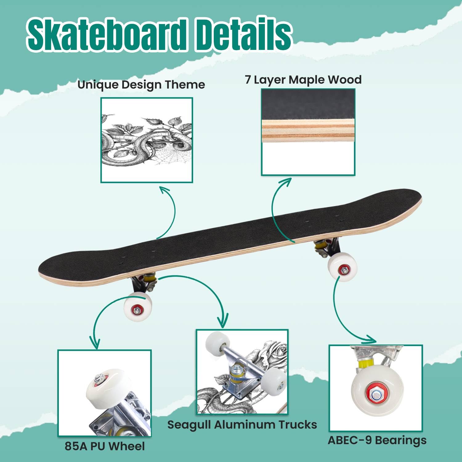 Amazon.com : EFTOWEL Skateboards Snake with Rose Bud on high stem