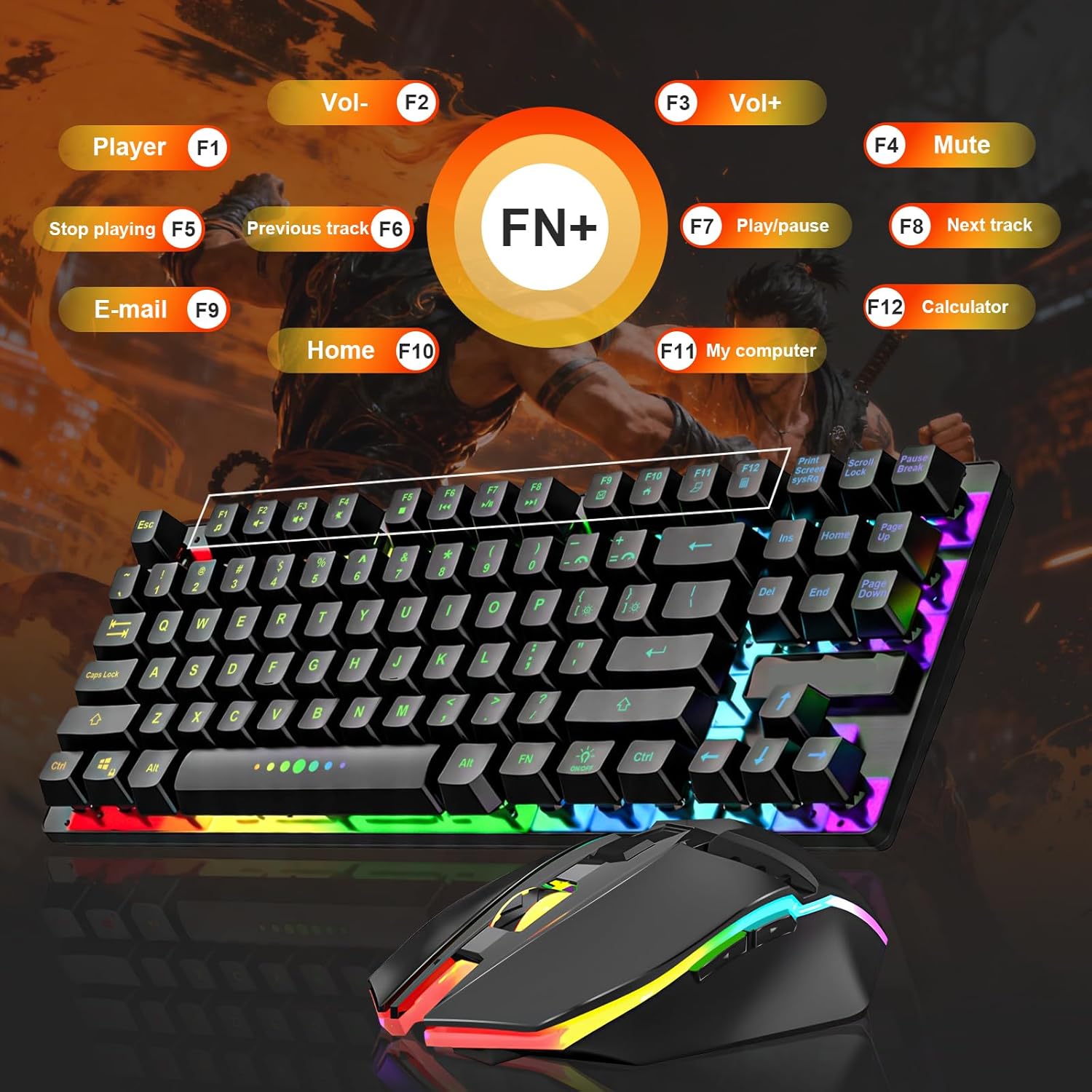 Wireless Gaming Keyboard and Mouse Combo, LED Backlit Rechargeable Battery, Ultra Compact Mechanical Feel Keyboard, RGB Mice for PC Gamer, Business Office, Durable Ergonomic, Wide Compatibility, Black