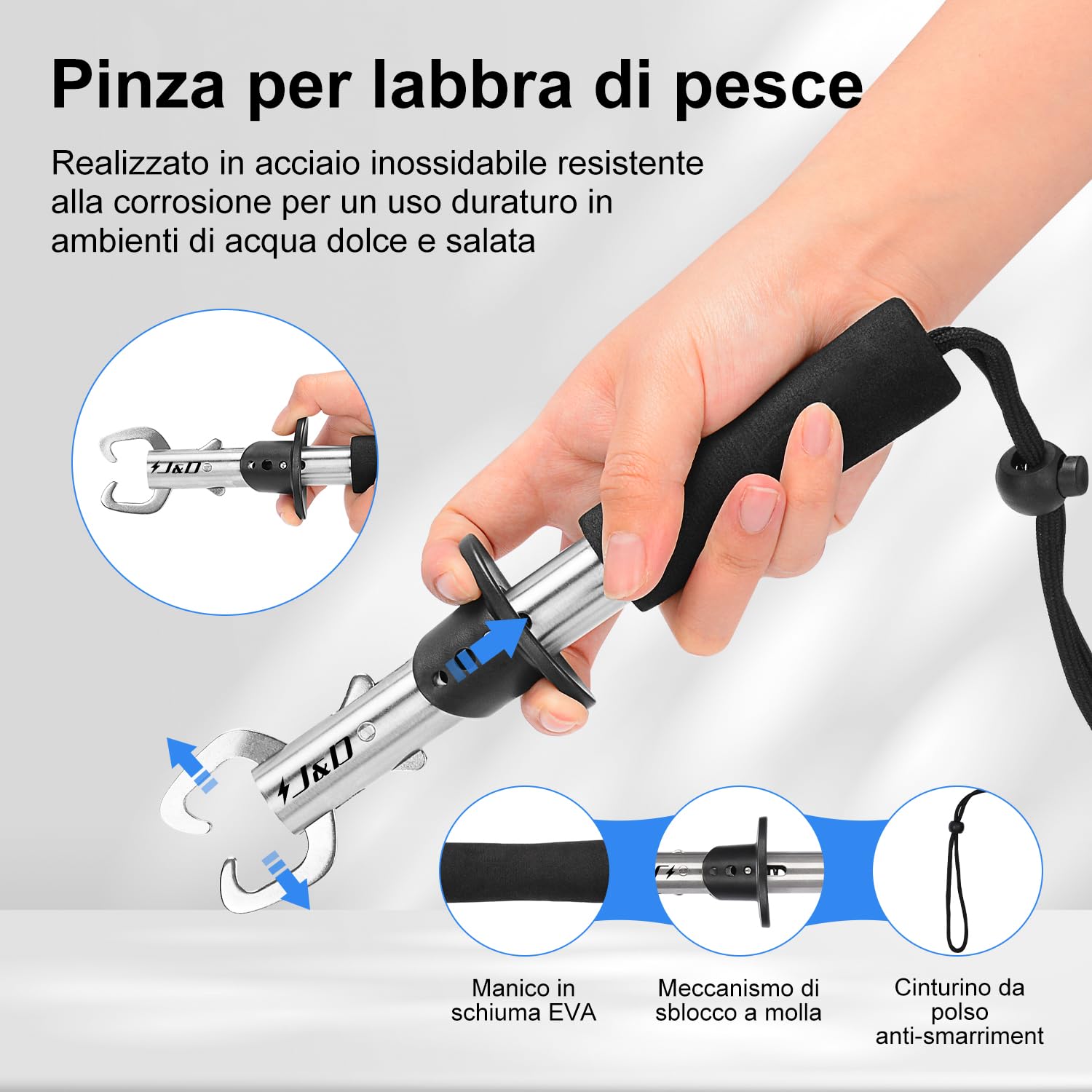 J&D Pesca Pinze e Pesce Labbra Gripper Imposta, Multifunzionale Inossidabile Acciaio Pesca Pinza Attrezzi Gancio Rimozione Strumento con Sicurezza Arrotolato con Fodera e Cordino
