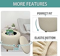 Vista 4 de Funda otomana redonda, fundas elásticas para otomanas, 2 piezas, fundas protectoras para reposapiés a cuadros suaves con parte inferior elástica