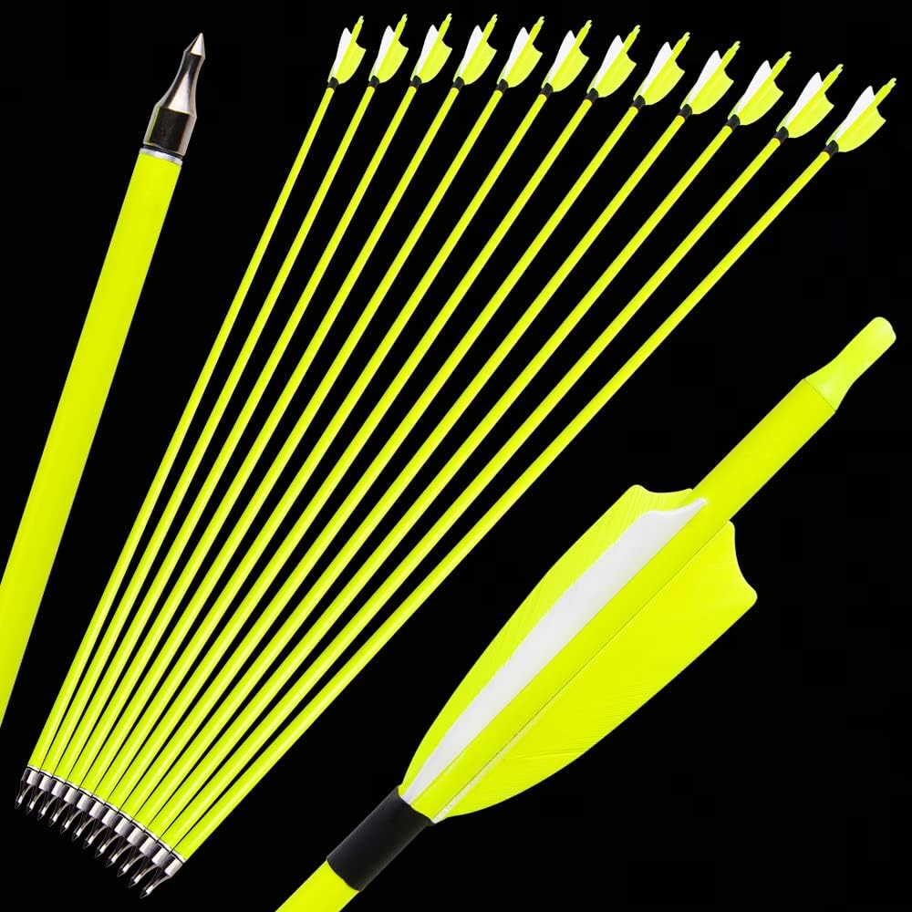 ZSHJGJR 30inch Archery Carbon Arrows Fluorescent Targeting Practice Hunting Arrows with Removable Tip 3”Turkey Feather Spine 500 for Compound & Recurve &Traditional Bow 6/12pcs