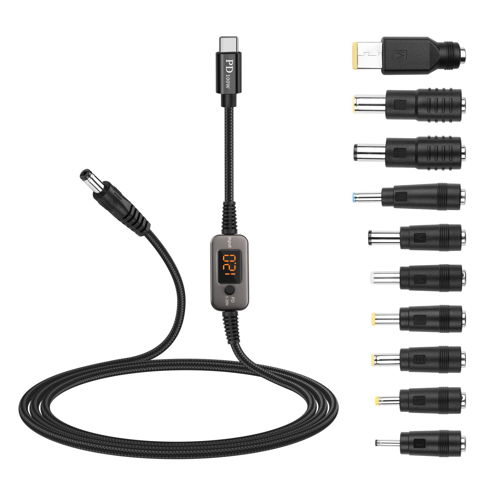 SinLoon 100W PD給電 Type-C to DC変換ケーブル 電圧調整可能 (5V/9V/12V/15V/20V) DC5525対応 10-in-1アダプター付属 ブラック編組ケーブル 1.2m